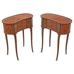 Antique c.1925 Pair of Kidney-Shaped Inlaid Veneer Bedside Tables / Cupboards