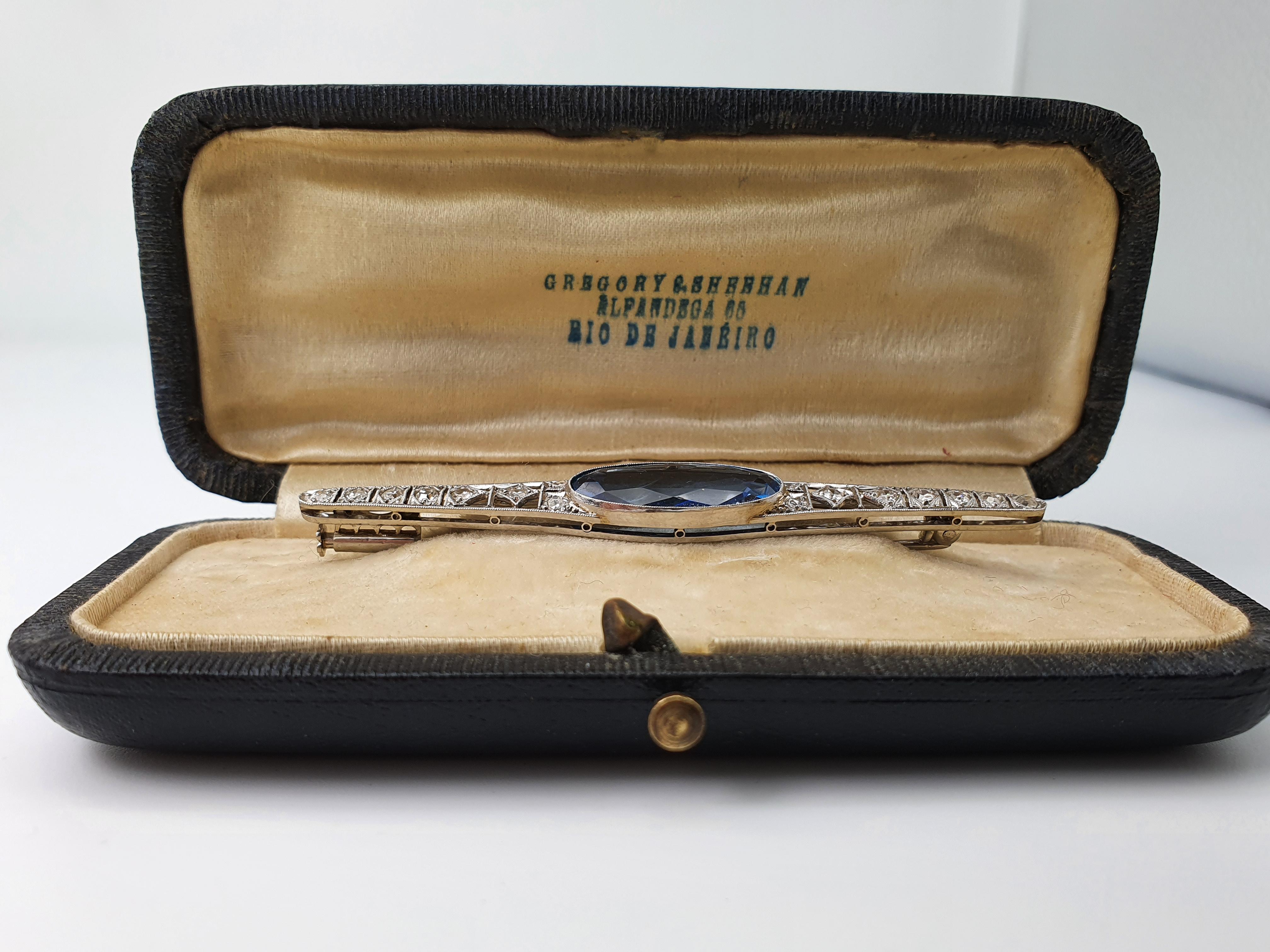 Antique: (c1930) Art Deco Platinum; Diamonds Iolite Brooch by Gregory Sheenan In Excellent Condition For Sale In Edinburgh, GB