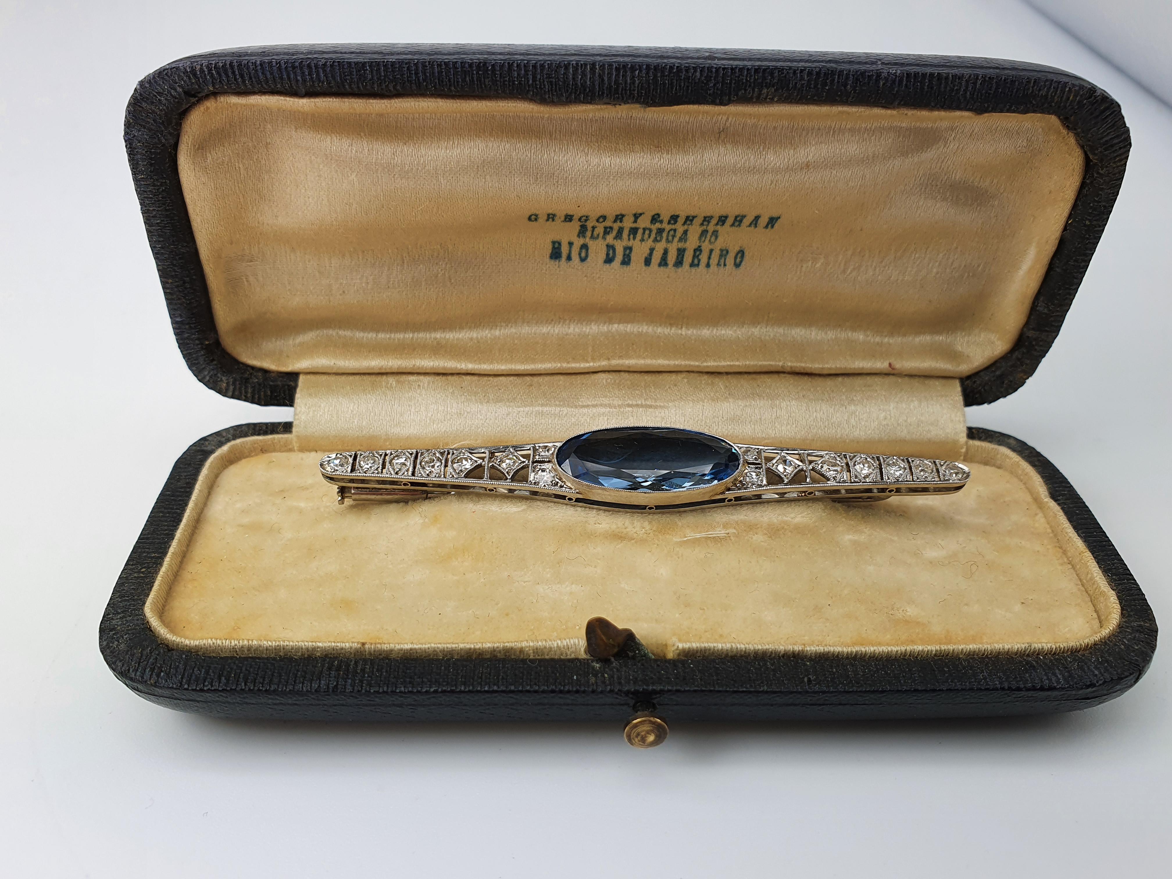 Women's or Men's Antique: (c1930) Art Deco Platinum; Diamonds Iolite Brooch by Gregory Sheenan For Sale
