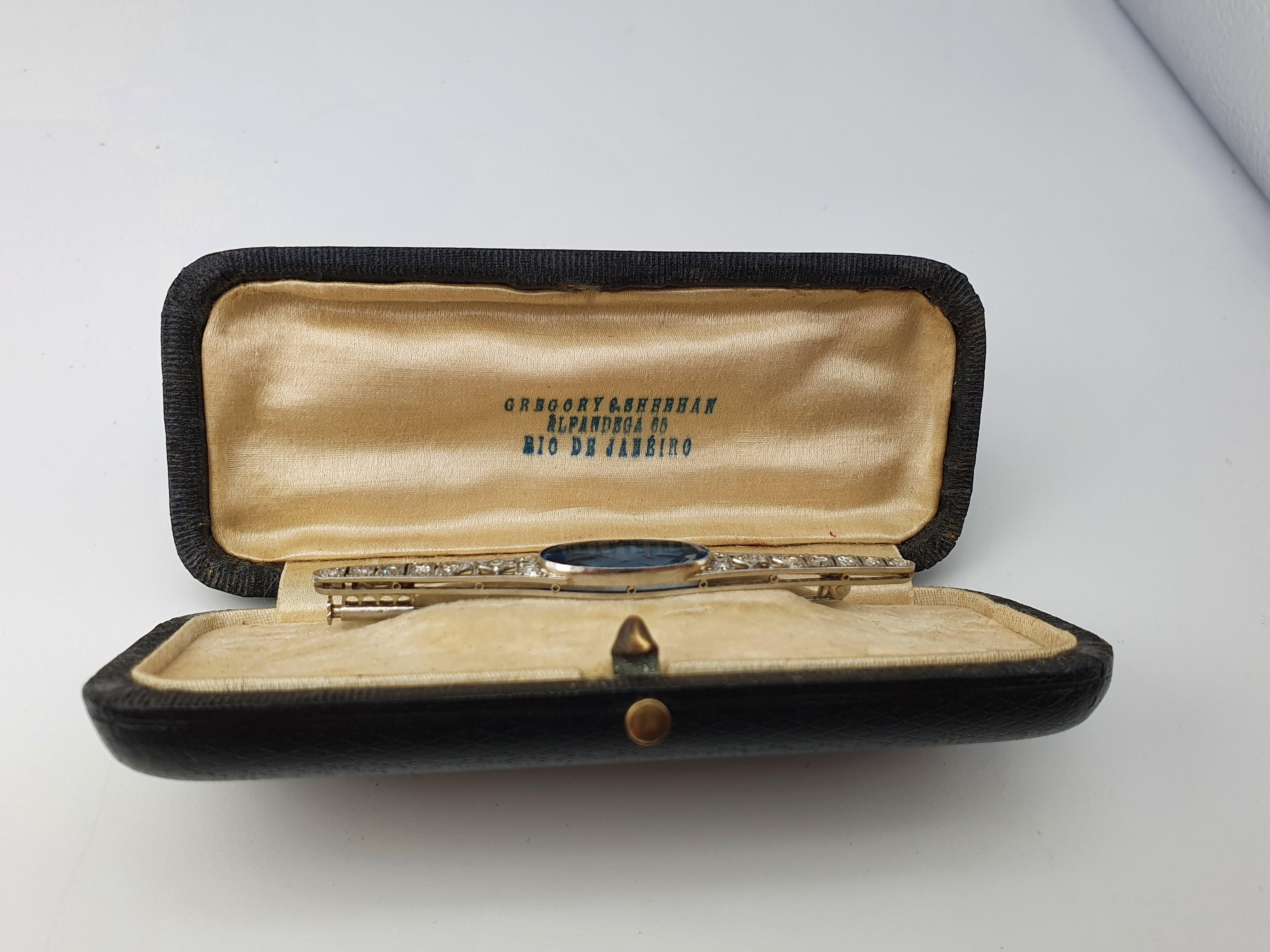 Antique: (c1930) Art Deco Platinum; Diamonds Iolite Brooch by Gregory Sheenan For Sale 1