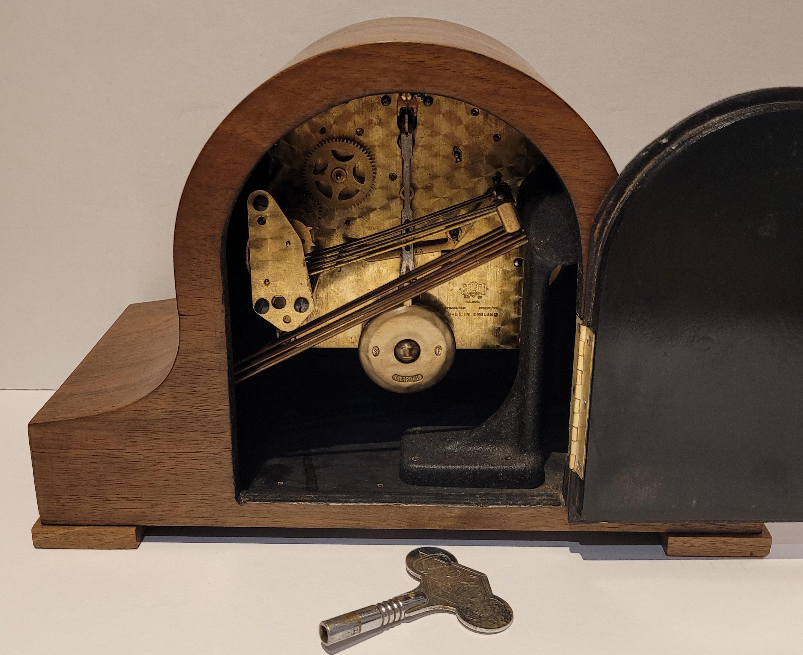 Antique c1930’s “Garrard” Walnut Art Deco Westminster Chiming Clock (Serviced) For Sale 8