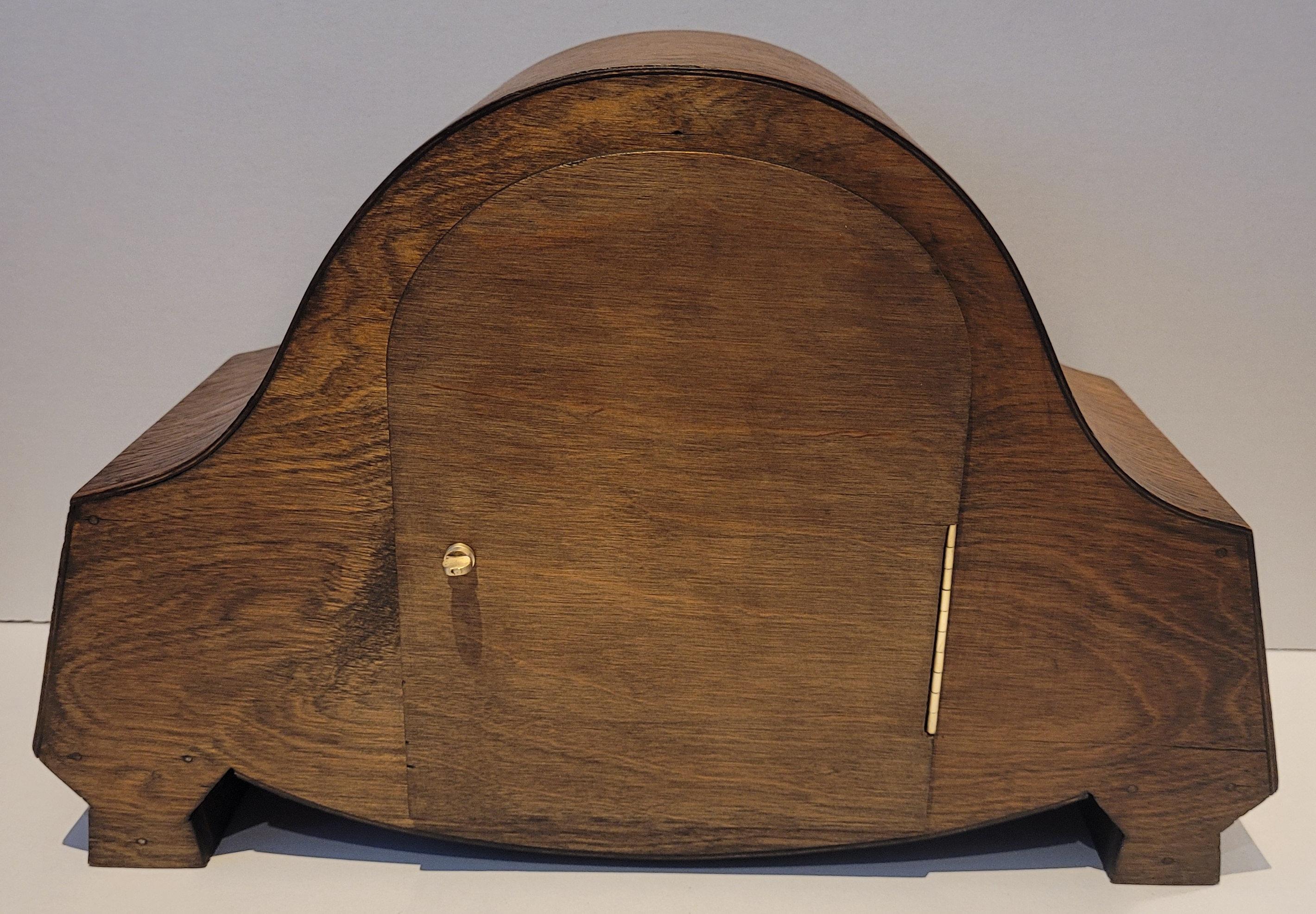 Antique c1930’s German Art Deco Oak Westminster Chiming Mantel Clock (Serviced) For Sale 8