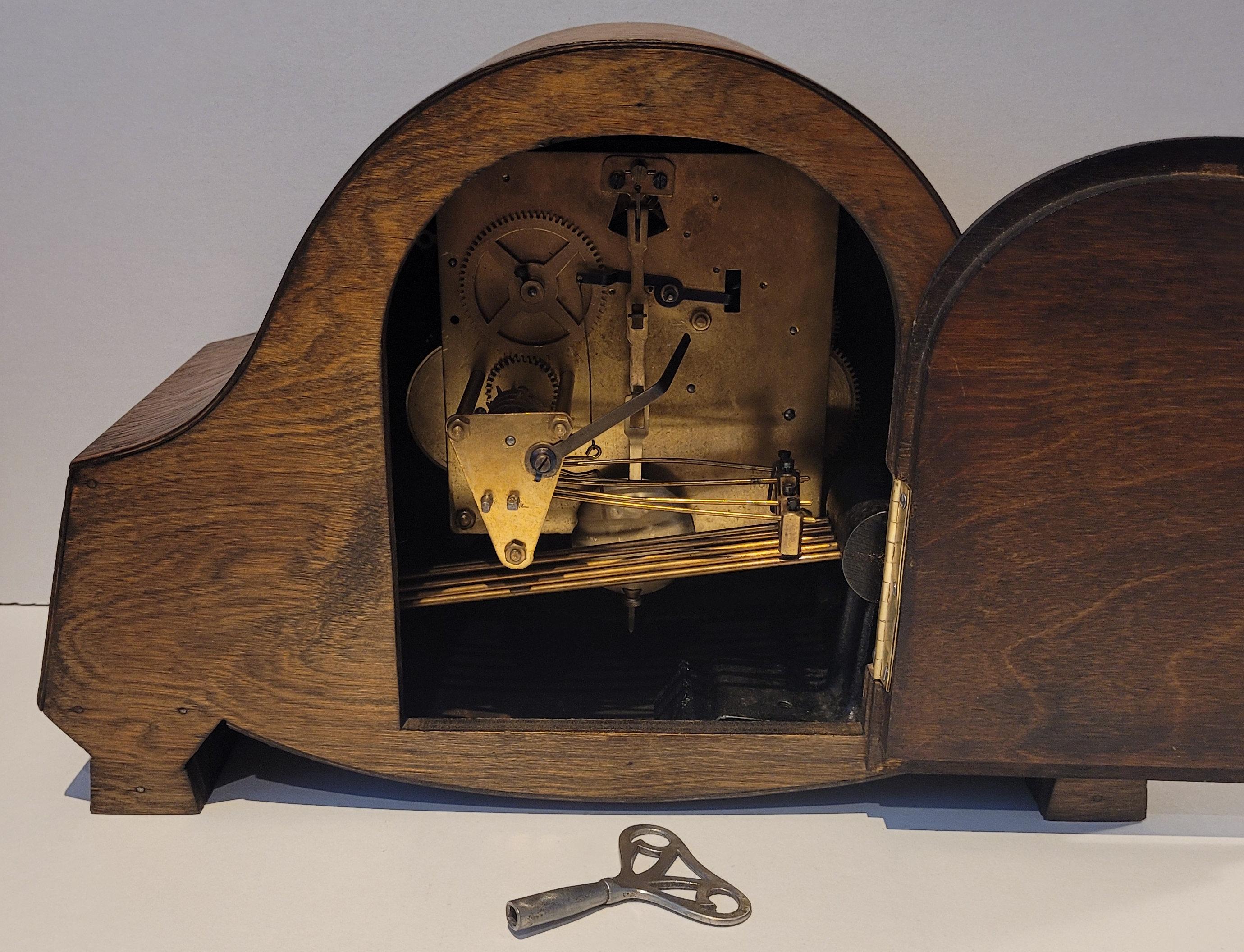 Antique c1930’s German Art Deco Oak Westminster Chiming Mantel Clock (Serviced) For Sale 9