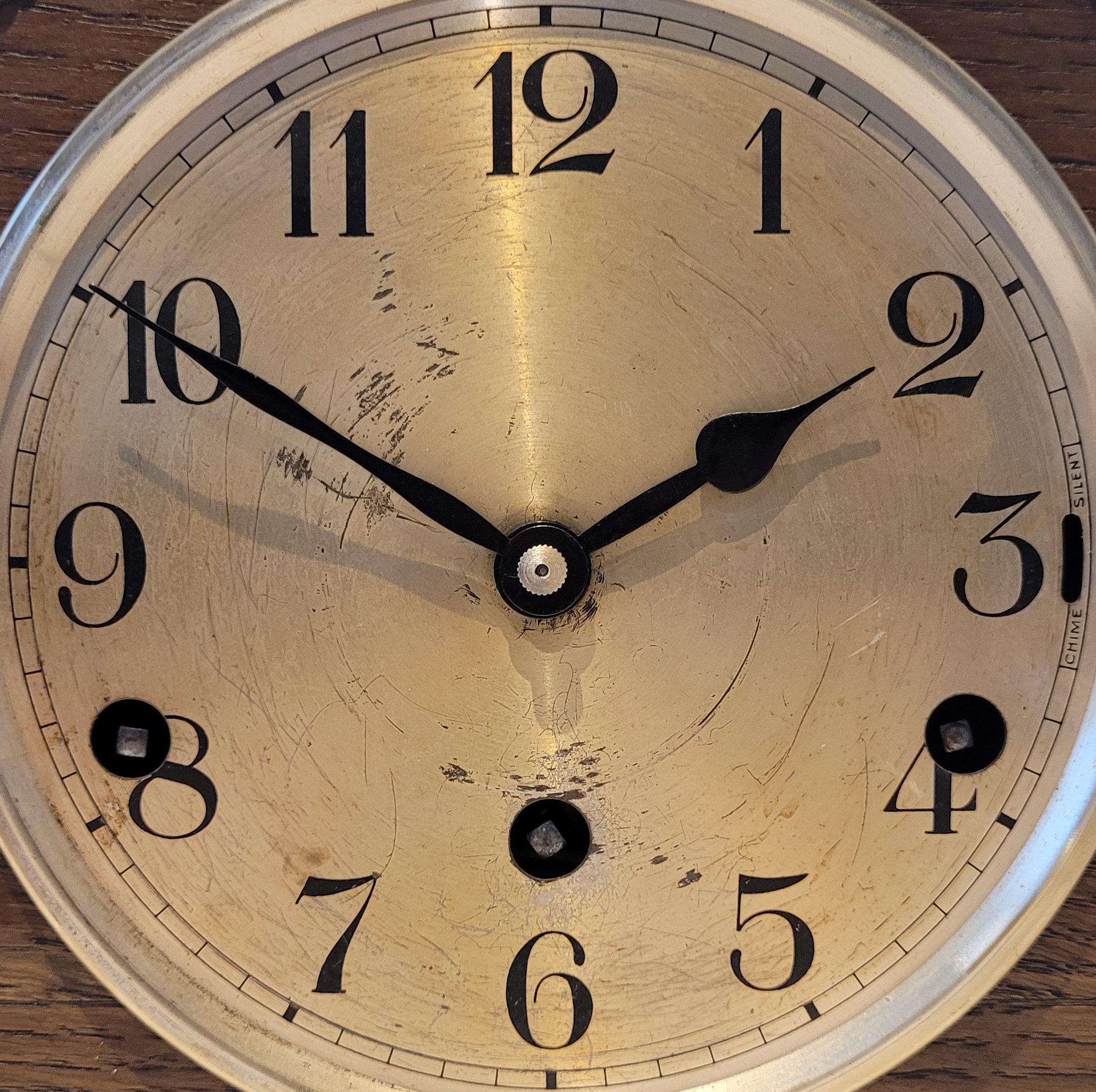 Metal Antique c1930’s German Art Deco Oak Westminster Chiming Mantel Clock (Serviced) For Sale