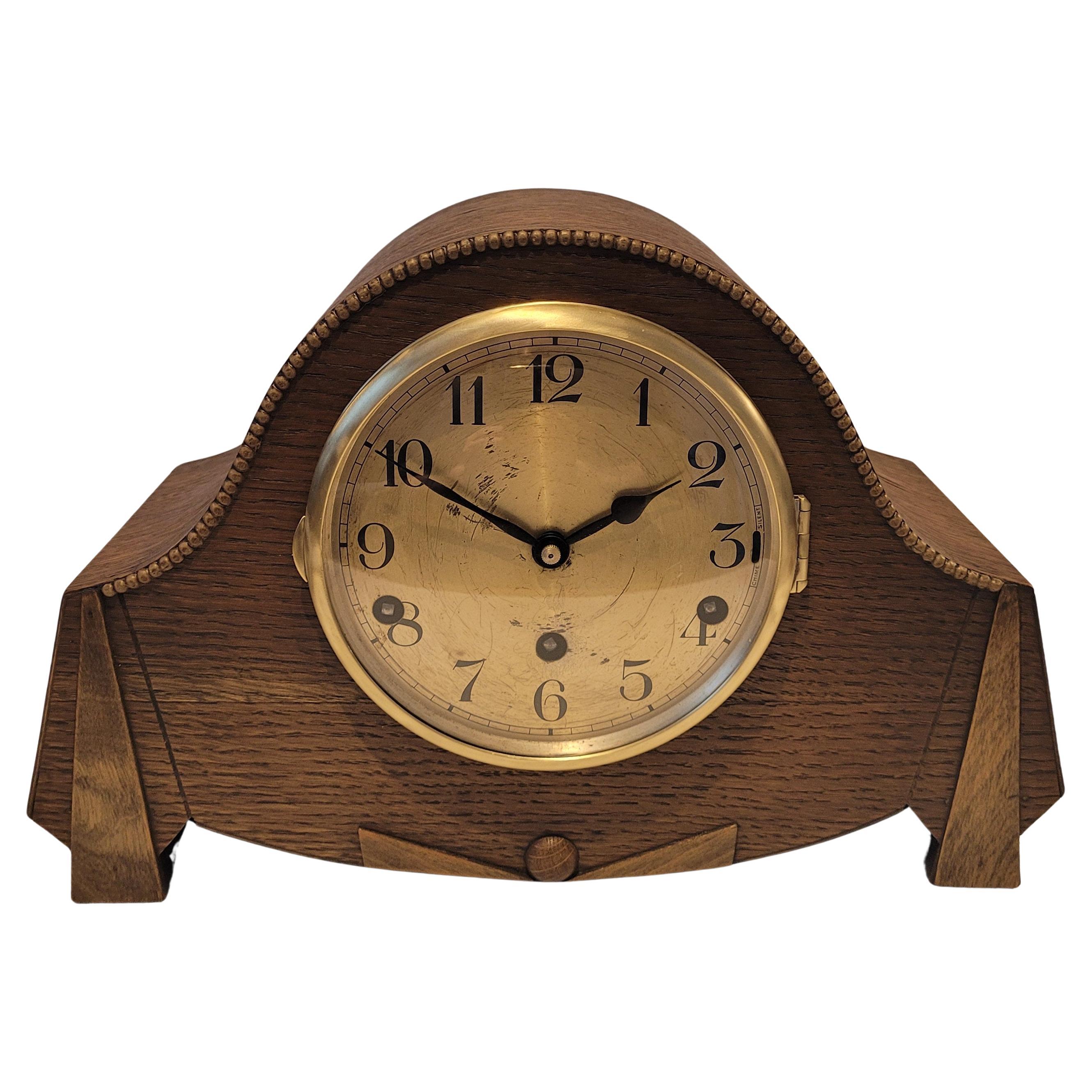 Antique c1930’s German Art Deco Oak Westminster Chiming Mantel Clock (Serviced) For Sale