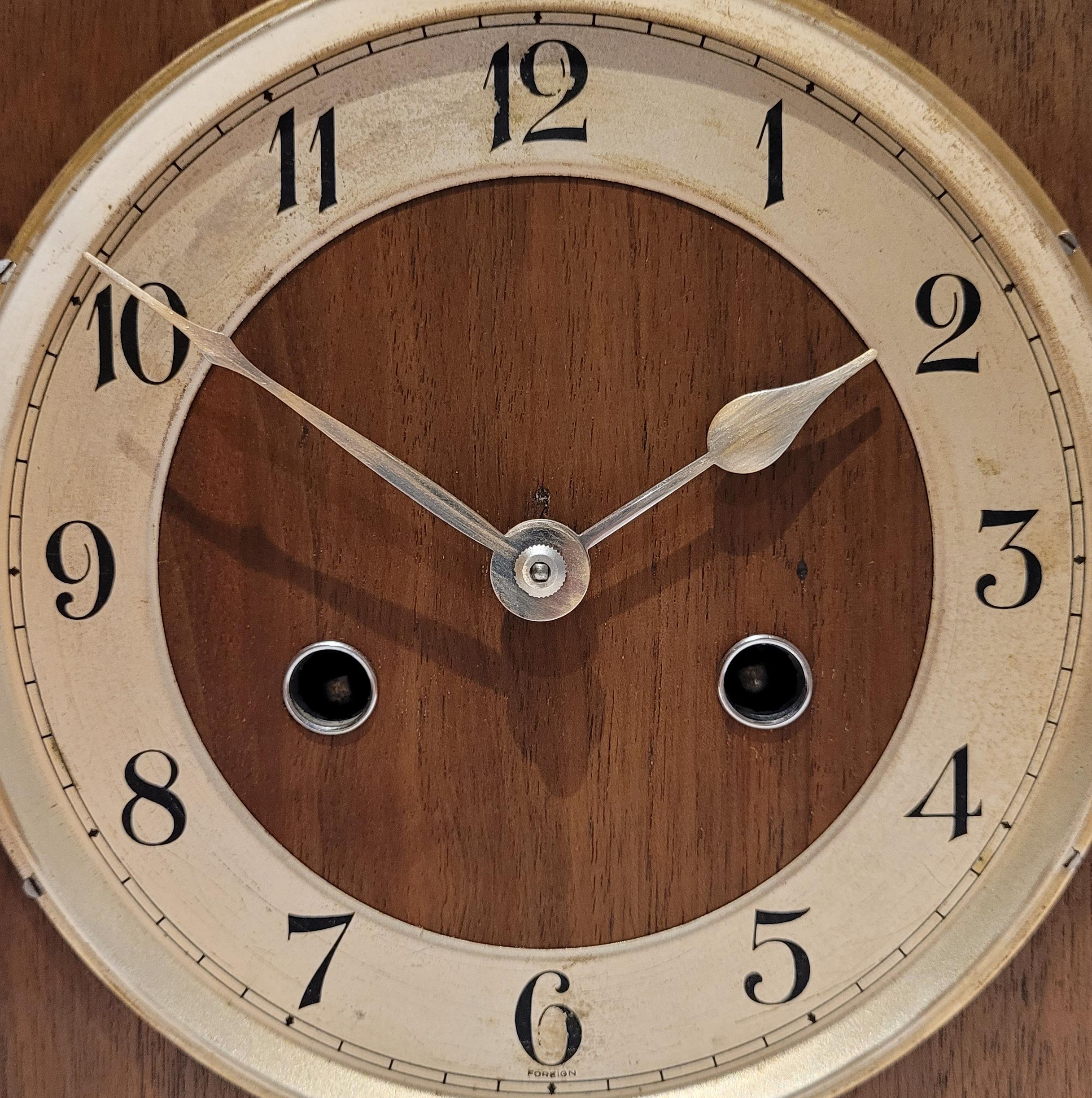 20th Century Antique c1930’s Kienzle Oak with Walnut Inlay Chiming Mantel Clock (Serviced) For Sale