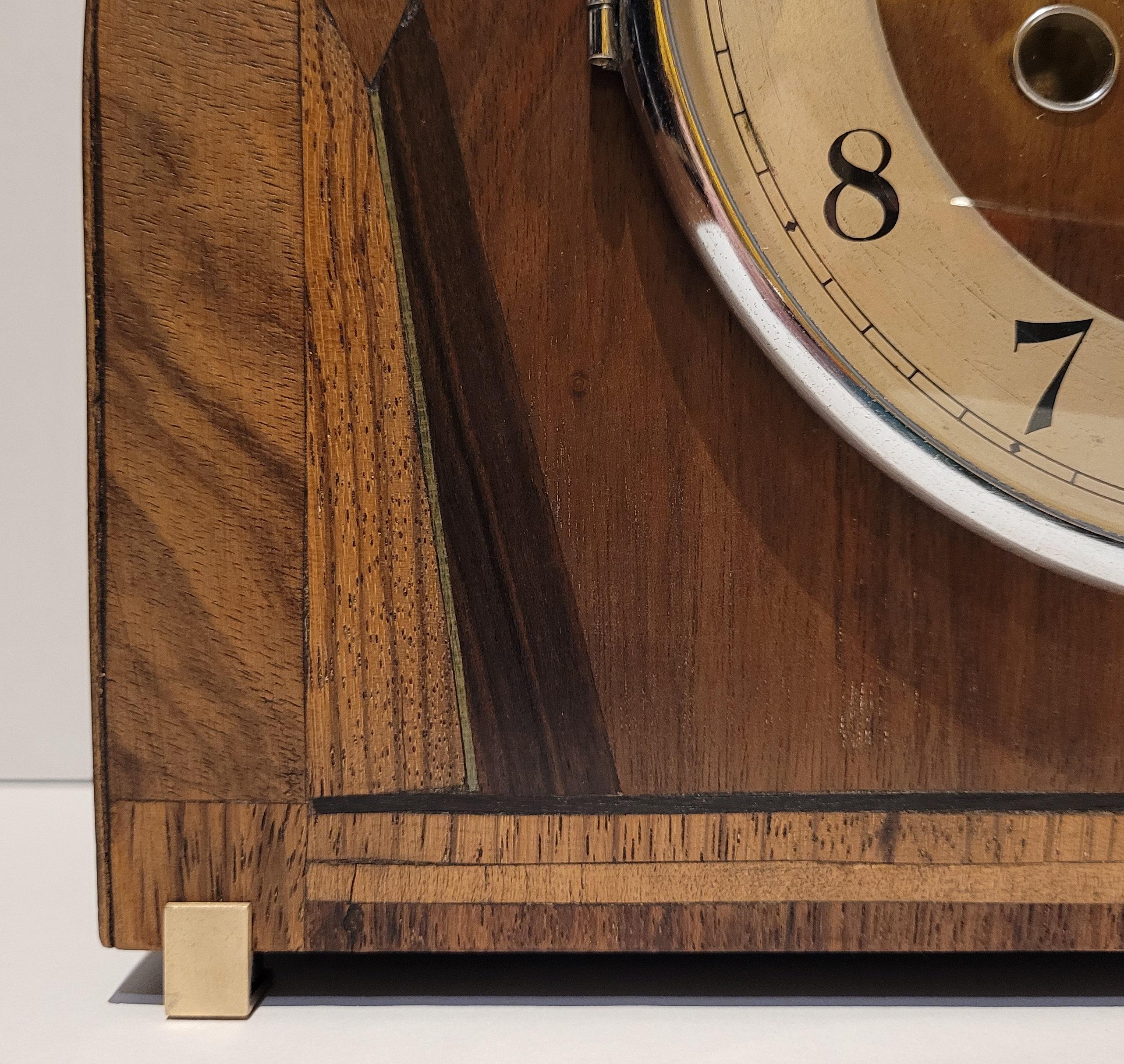 Metal Antique c1930’s Kienzle Oak with Walnut Inlay Chiming Mantel Clock (Serviced) For Sale