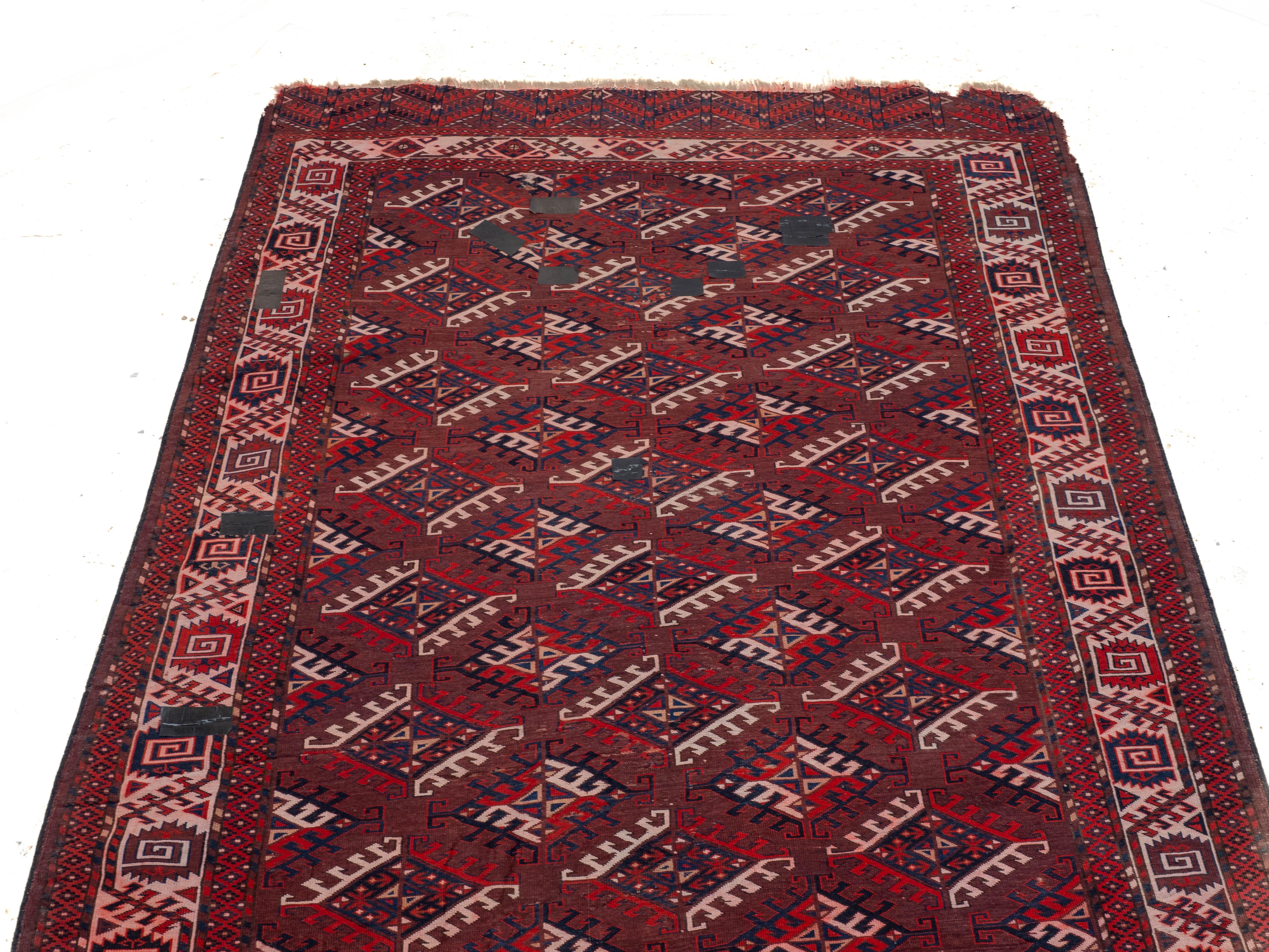 Antico tappeto turkmeno Yomut del XIX secolo Dyrnak Guls (Tappeto orientale tessuto a mano) in vendita 8