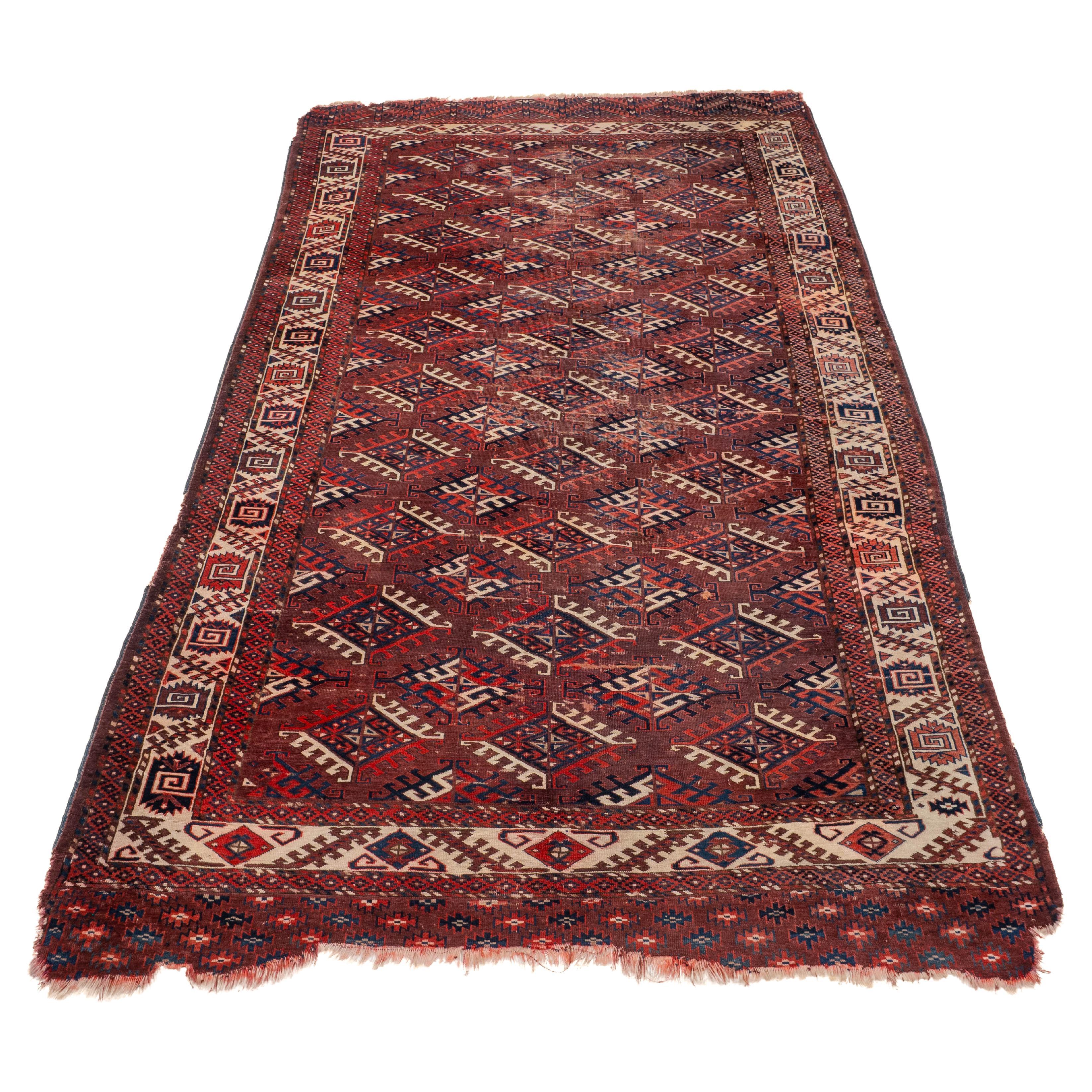 Antique 19th Century Yomut Turkmen Carpet Dyrnak Guls (Handwoven Oriental Rug)
