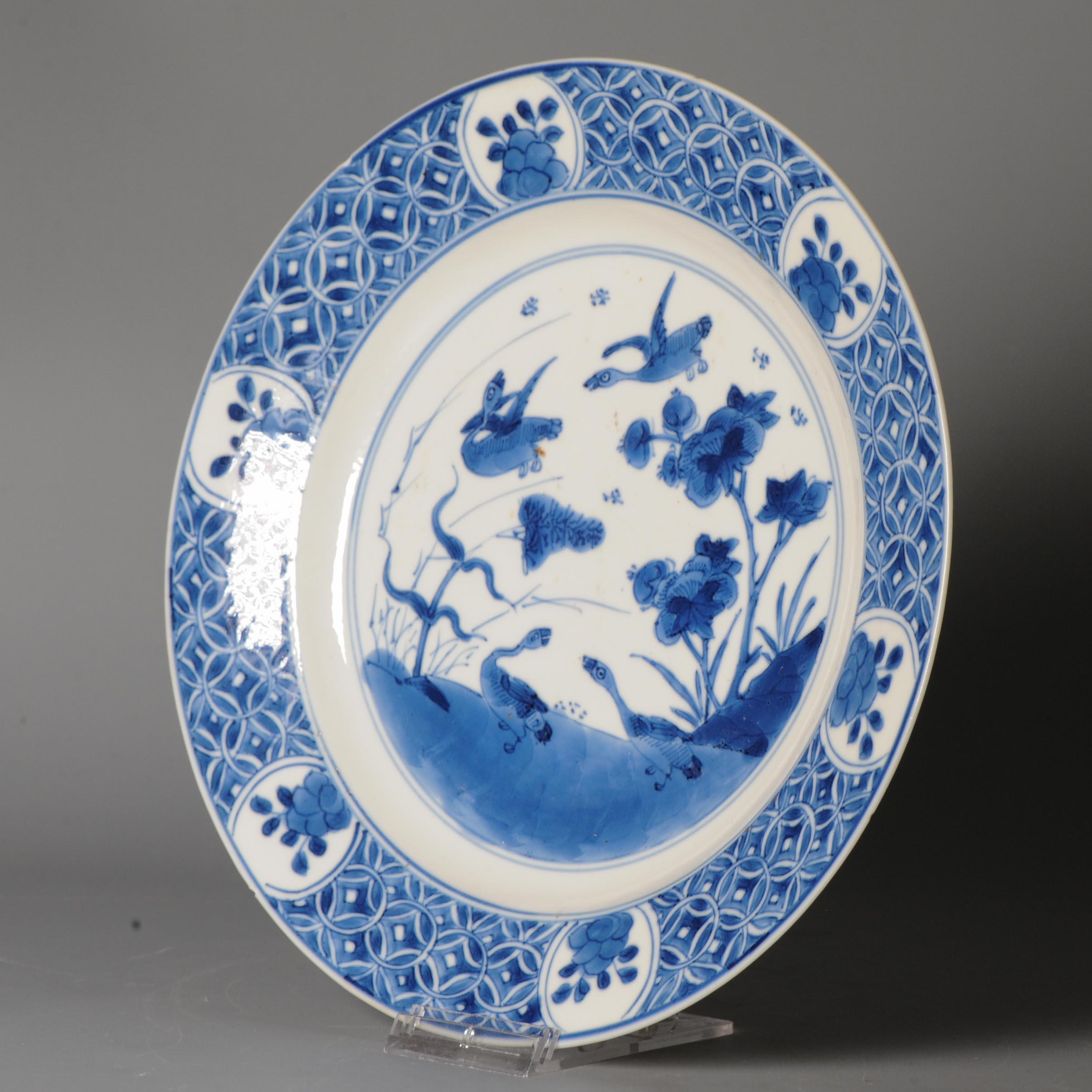 Qing Antique Ca 1700 Chinese Porcelain Kangxi Blue and White Plate with blue border