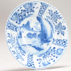 Antique Ca 1700 Chinese Porcelain Kangxi Blue and WHite Plate Xieyi Landscape