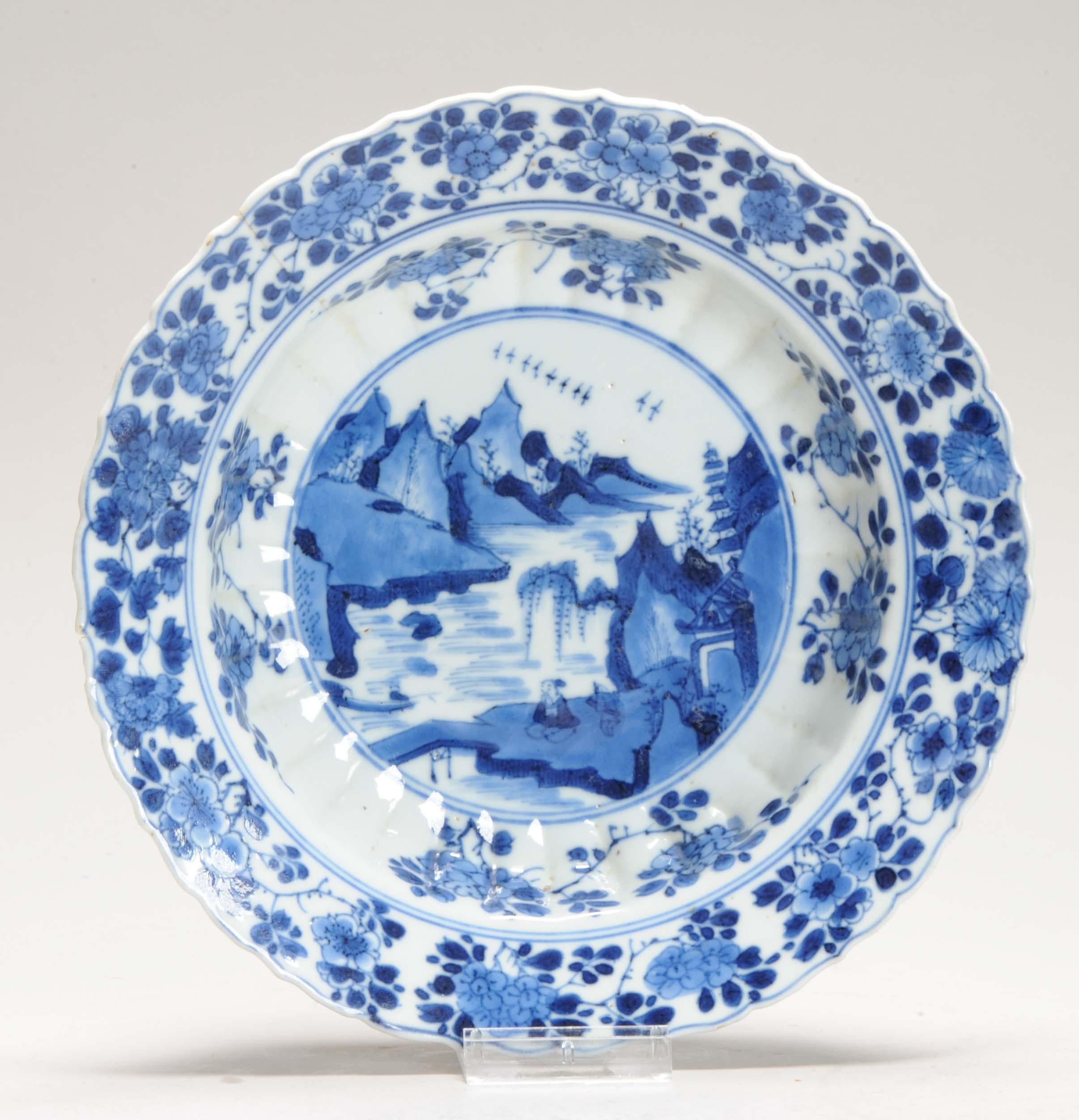 Antiguo Ca 1700 Porcelana China Kangxi Azul y Blanca Placa Xieyi Paisaje Qing en venta
