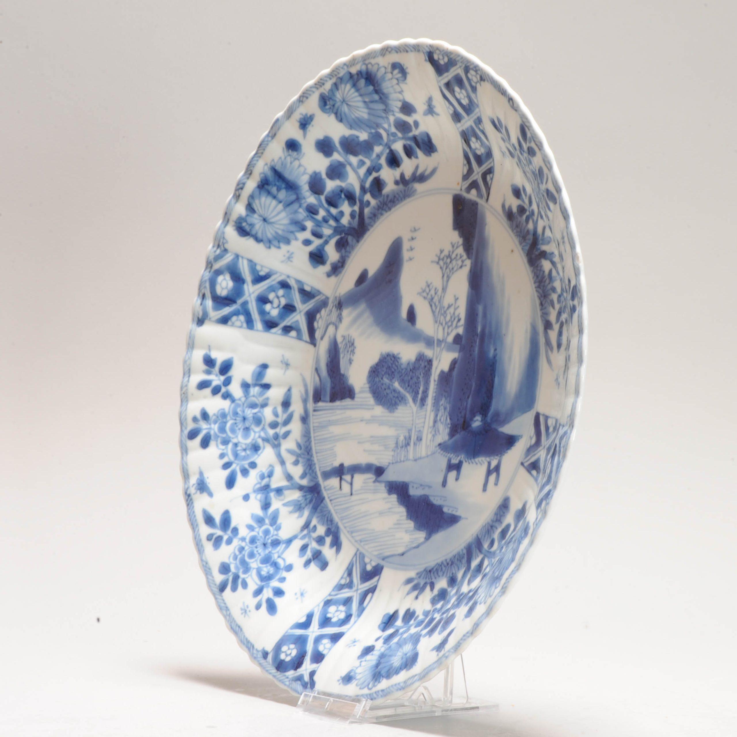 Antiguo Ca 1700 Porcelana China Kangxi Azul y Blanca Placa Xieyi Paisaje Qing en venta