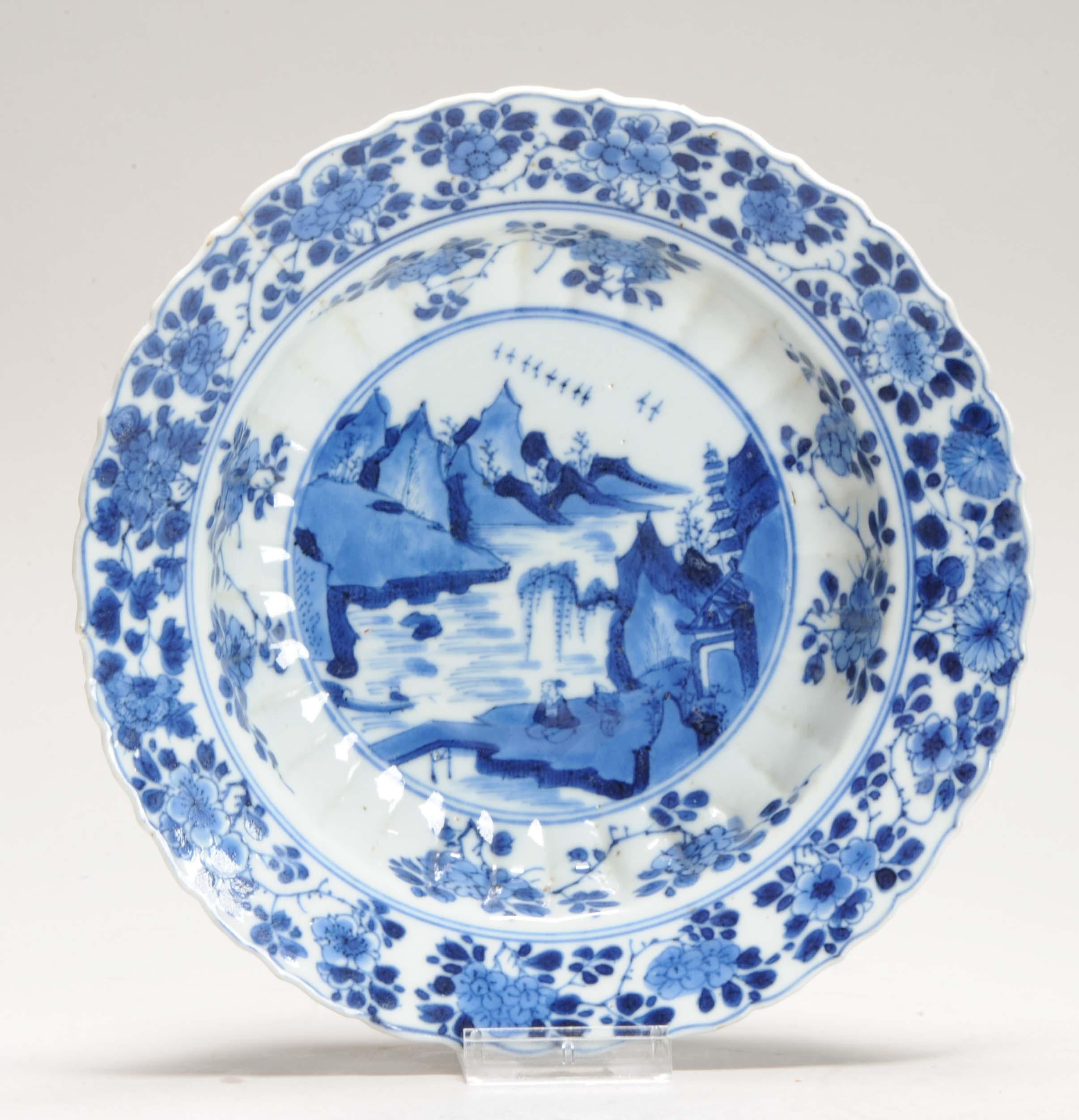 Antiguo Ca 1700 Porcelana China Kangxi Azul y Blanca Placa Xieyi Paisaje Chino en venta
