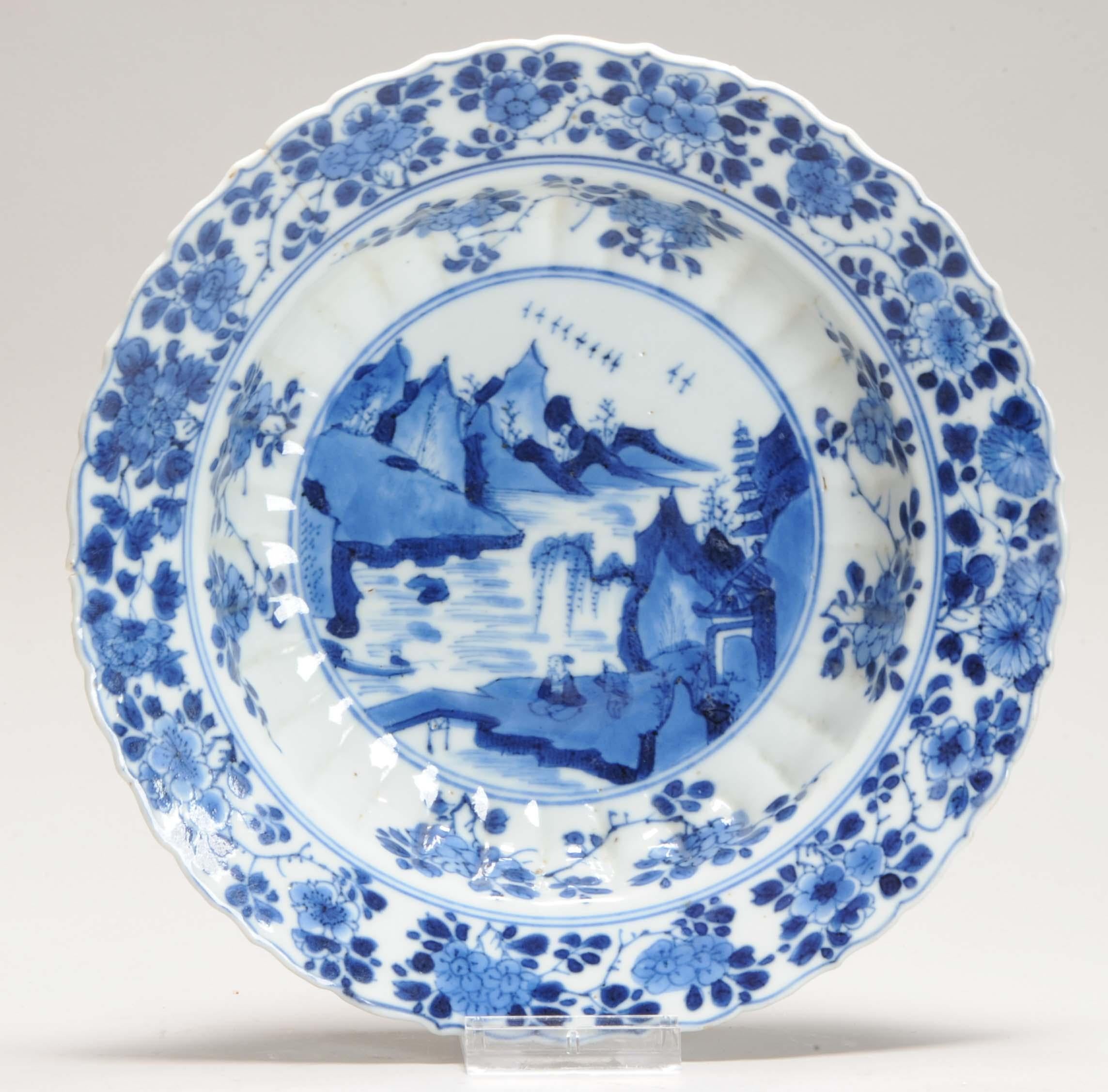 Antiguo Ca 1700 Porcelana China Kangxi Azul y Blanca Placa Xieyi Paisaje en venta 2