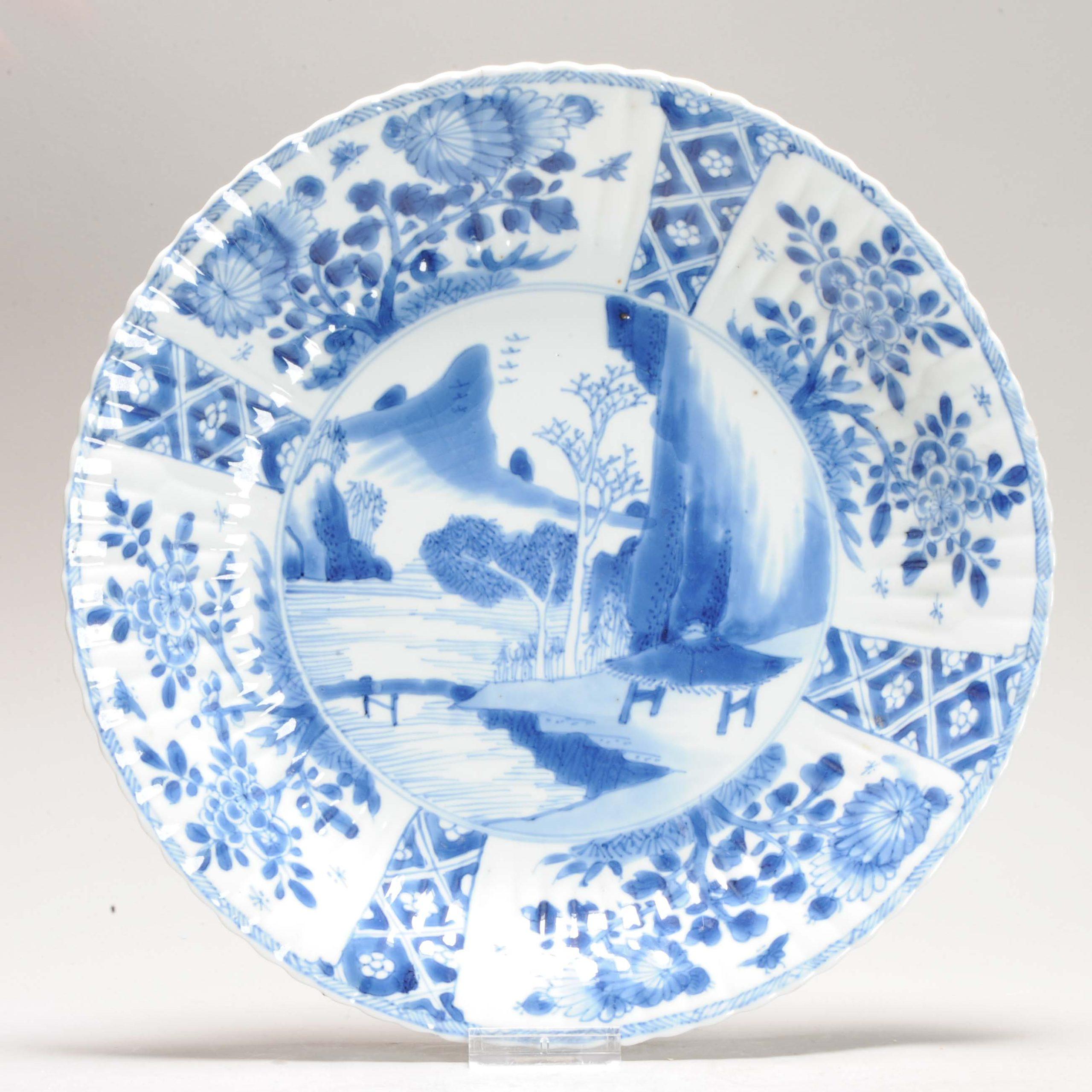 Antiguo Ca 1700 Porcelana China Kangxi Azul y Blanca Placa Xieyi Paisaje en venta 3