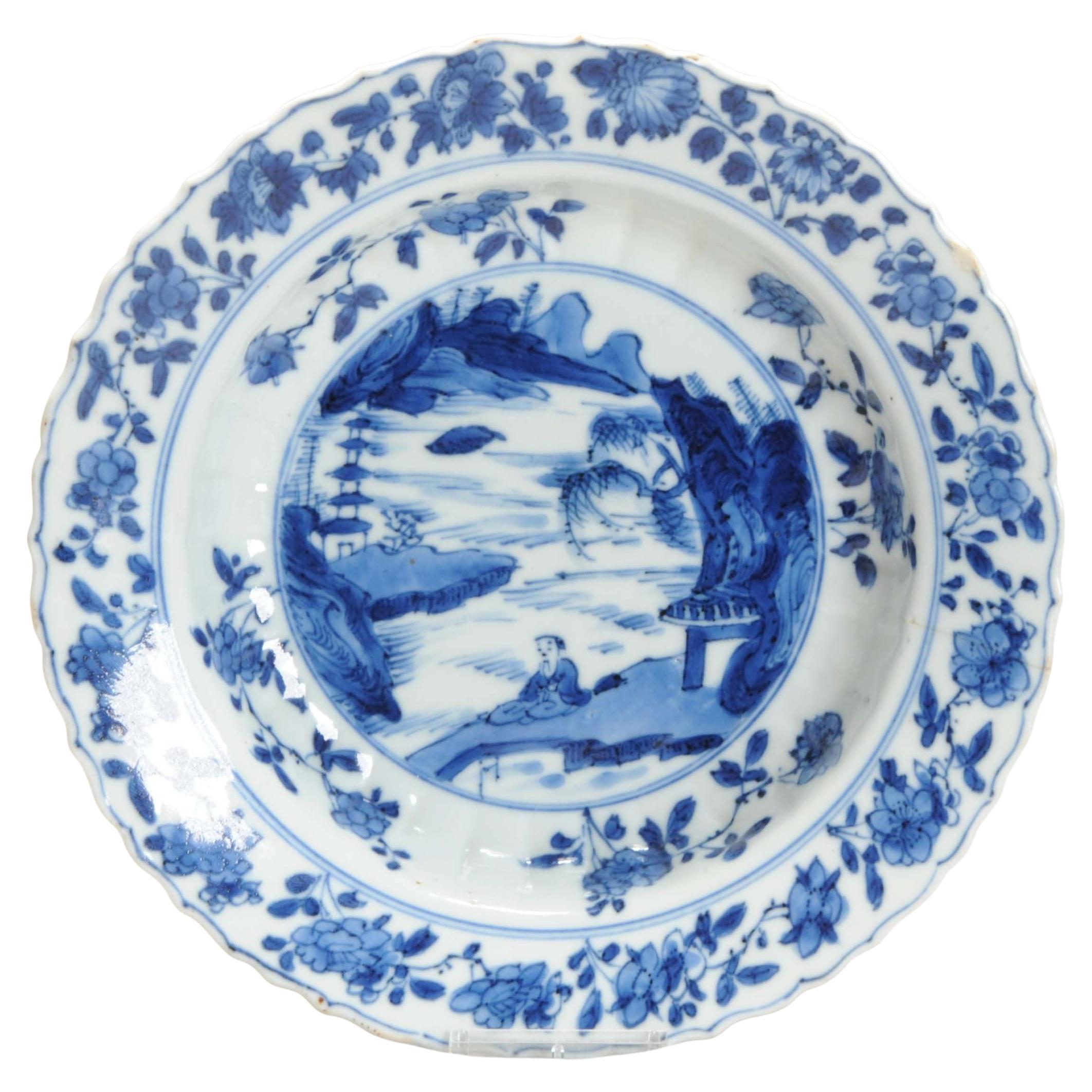 Antiguo Ca 1700 Porcelana China Kangxi Azul y Blanca Placa Xieyi Paisaje