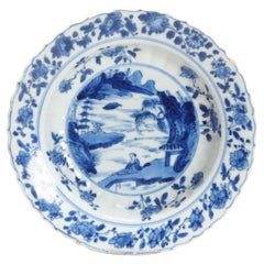 Antico Ca 1700 Cinese Porcellana Kangxi Blu e Whiting Piatto Xieyi Paesaggio