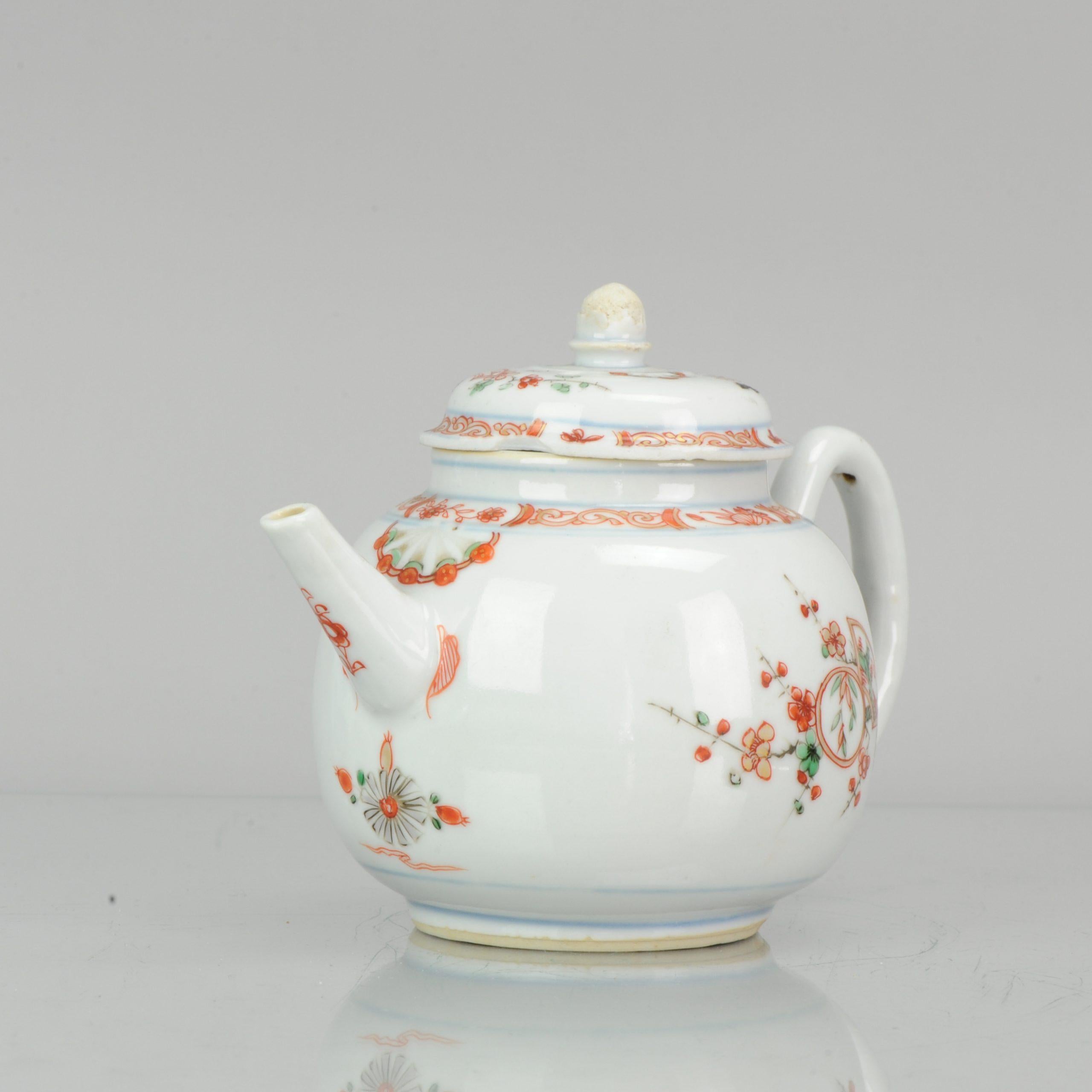 A very nicely decorated teapot. Kangxi period. Great decoration.

Condition:
Overall condition; Spout has some small frits, lid has 3 chips to rim, 1 very small one. Size: Spout to handle x height 150 x 105mm
Period:
circa 1700 Qing