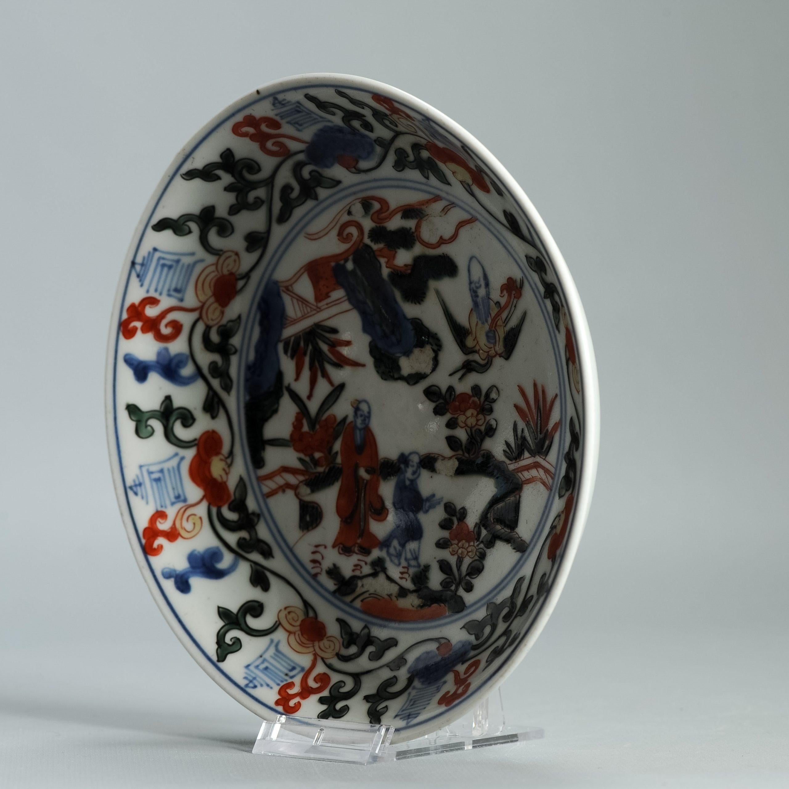 Antiguo plato de arita de porcelana japonesa de hacia 1700 estilo Wucai Wanli Marcado Shou Lao en venta 7