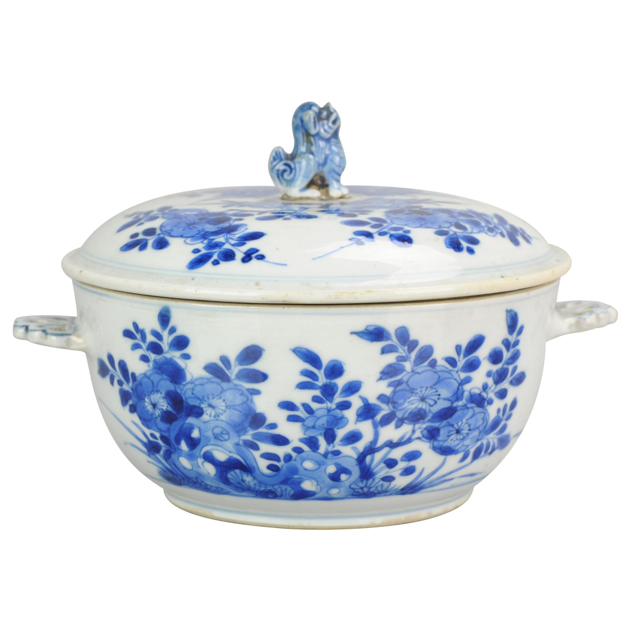 Antique circa 1700 Kangxi Cobalt Blue Tureen Chinese Porcelain China Top Qu