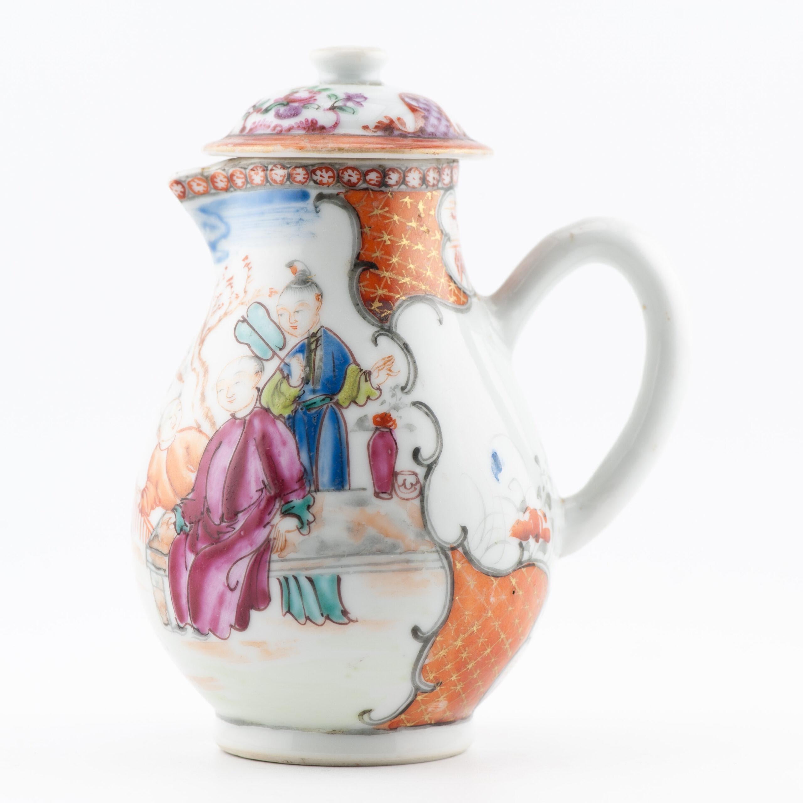 A very nicely decorated creamer/jug. Qianlong period. Great decoration in Famille Rose / Fencai palette.

Condition
 1filled chip with hairline to rim. Lid with small flint to rim. Size: 12CM high”
Period

18th century Qing (1661 - 1912)