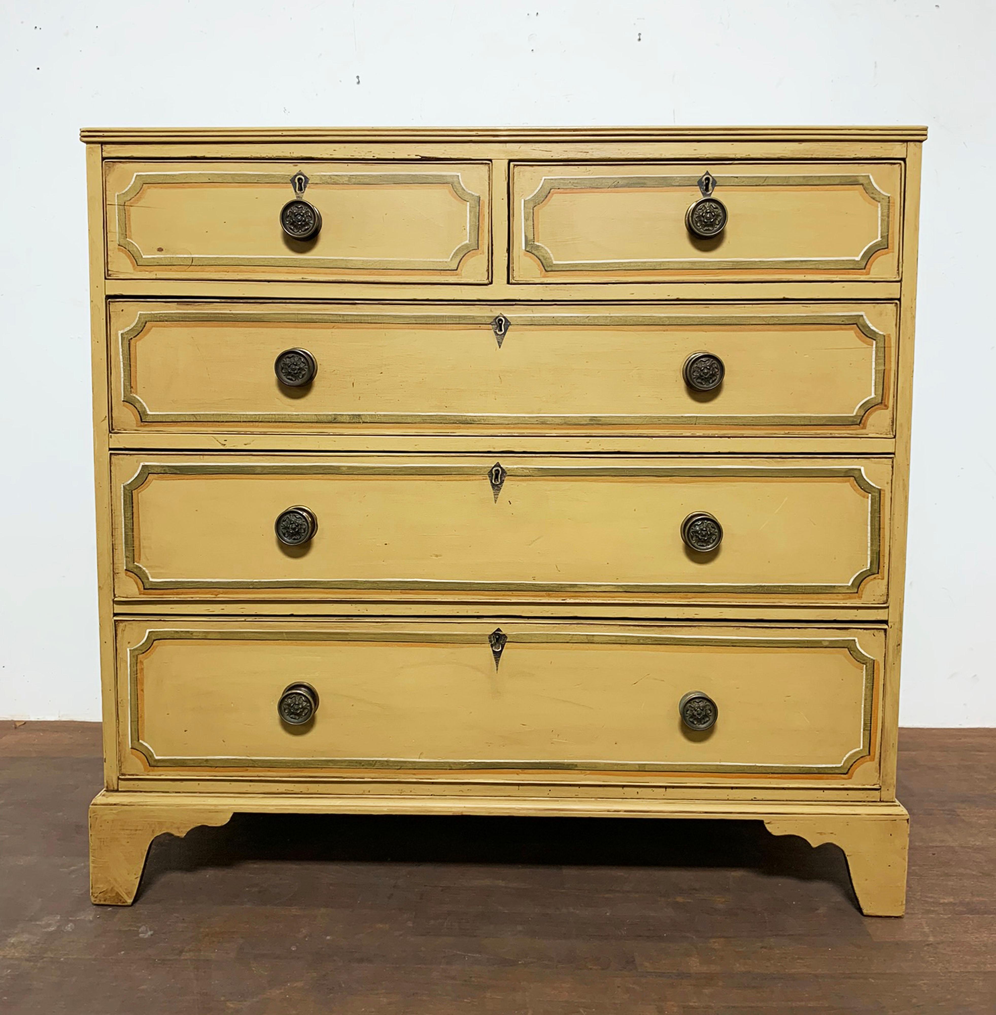 American Federal era chest of drawers in its original trompe l’oeil mustard painted finish, ca. 1820.