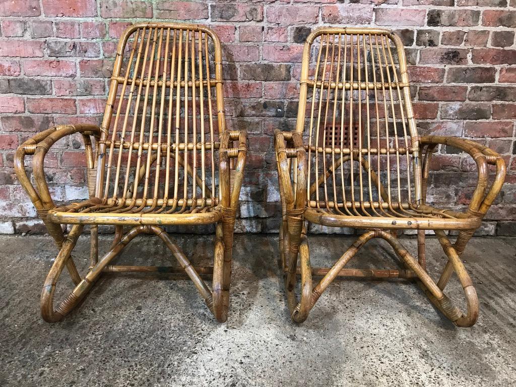 Antique Colonial Rattan Cane Bamboo Armchairs from South African Boarding School In Good Condition For Sale In Markington, GB