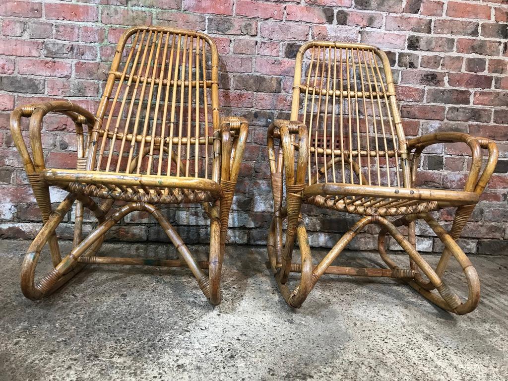 Early 20th Century Antique Colonial Rattan Cane Bamboo Armchairs from South African Boarding School For Sale