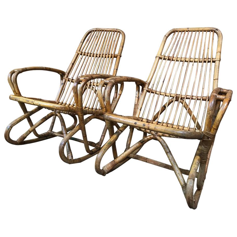 Antique Colonial Rattan Cane Bamboo Armchairs from South African Boarding School