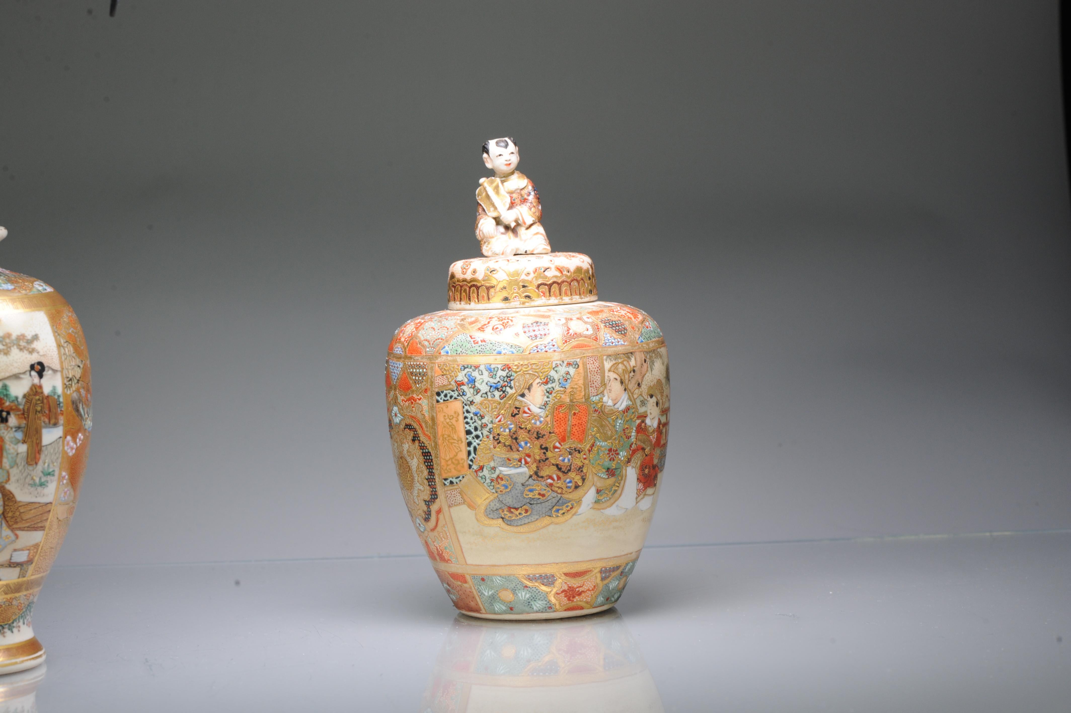 Description

Japanese Satsuma vase with cover, Meiji period
The first of ovoid form, the domed cover surmounted by a seated boy, decorated with scenes of noble figures in palace interiors.

Unmarked

Condition
Overall Condition Lid restored,