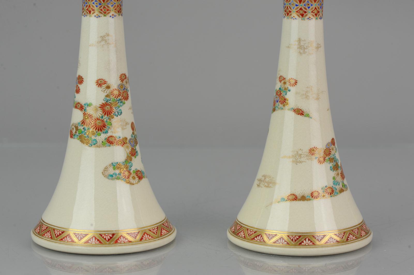 Antique ca 1900 Japanese Satsuma Obiyama Candle Holders Richly Decorated Marked For Sale 4
