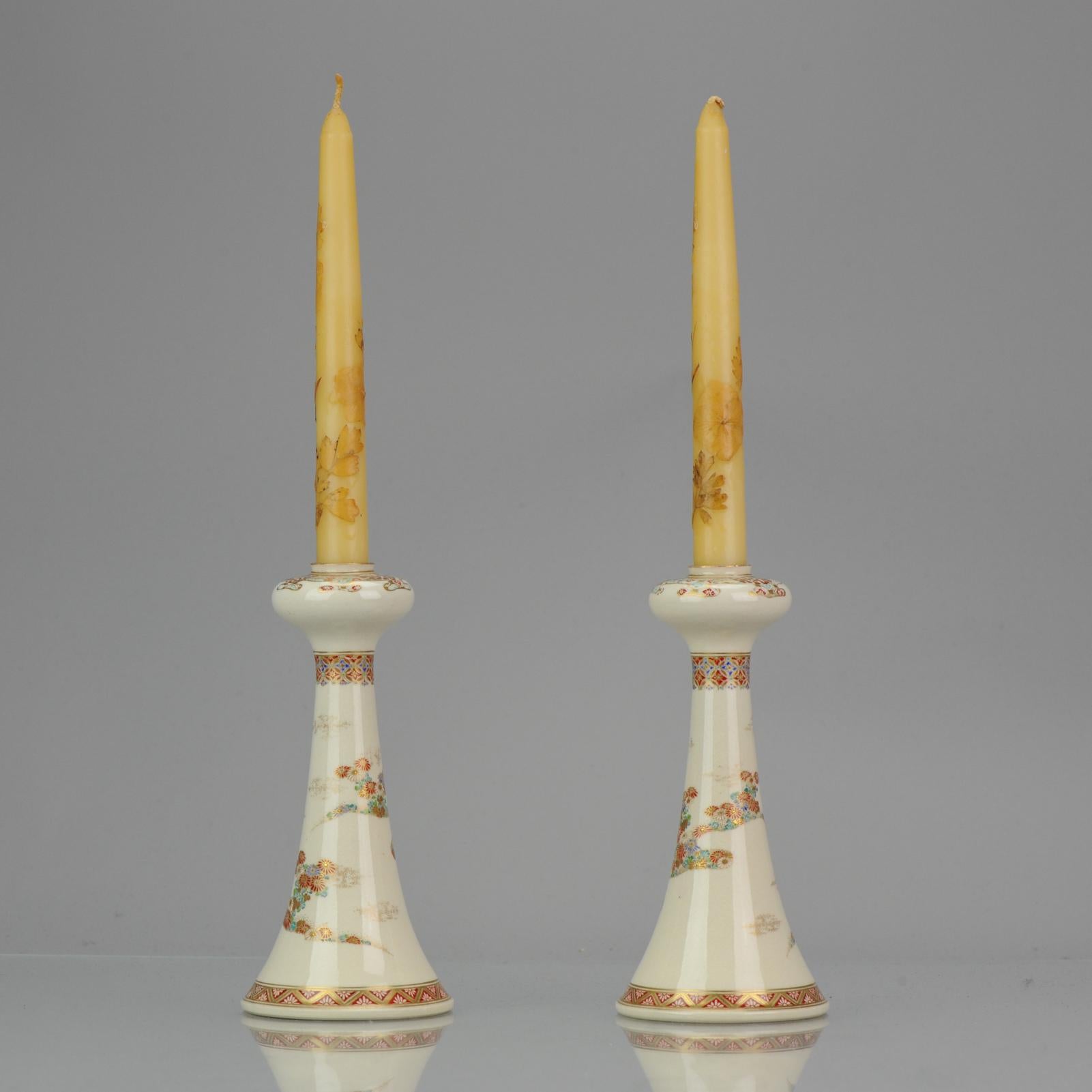 Meiji Antique ca 1900 Japanese Satsuma Obiyama Candle Holders Richly Decorated Marked For Sale