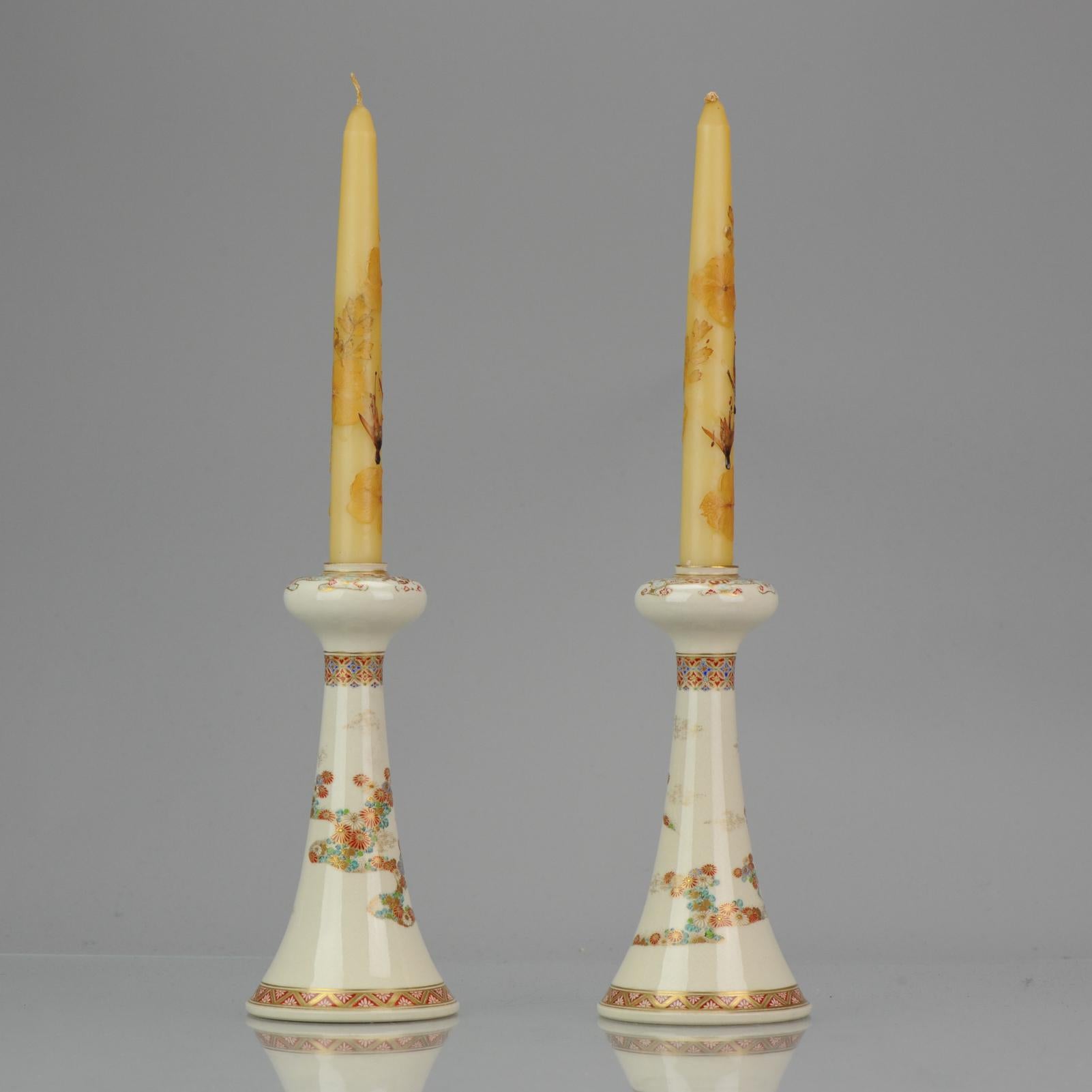 Antique ca 1900 Japanese Satsuma Obiyama Candle Holders Richly Decorated Marked In Excellent Condition For Sale In Amsterdam, Noord Holland