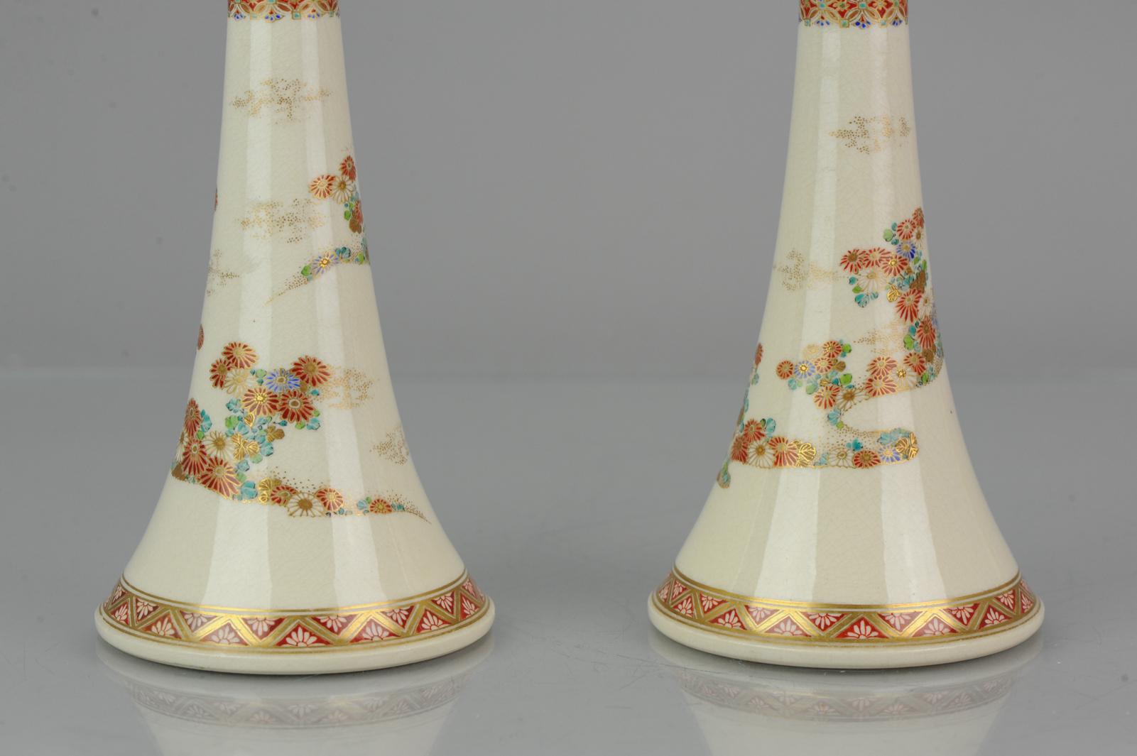 Porcelain Antique ca 1900 Japanese Satsuma Obiyama Candle Holders Richly Decorated Marked For Sale