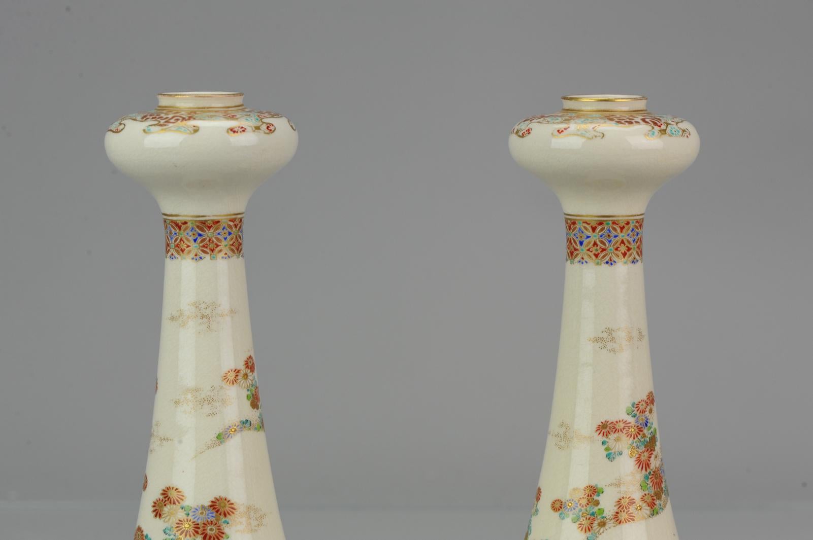 Antique ca 1900 Japanese Satsuma Obiyama Candle Holders Richly Decorated Marked For Sale 1