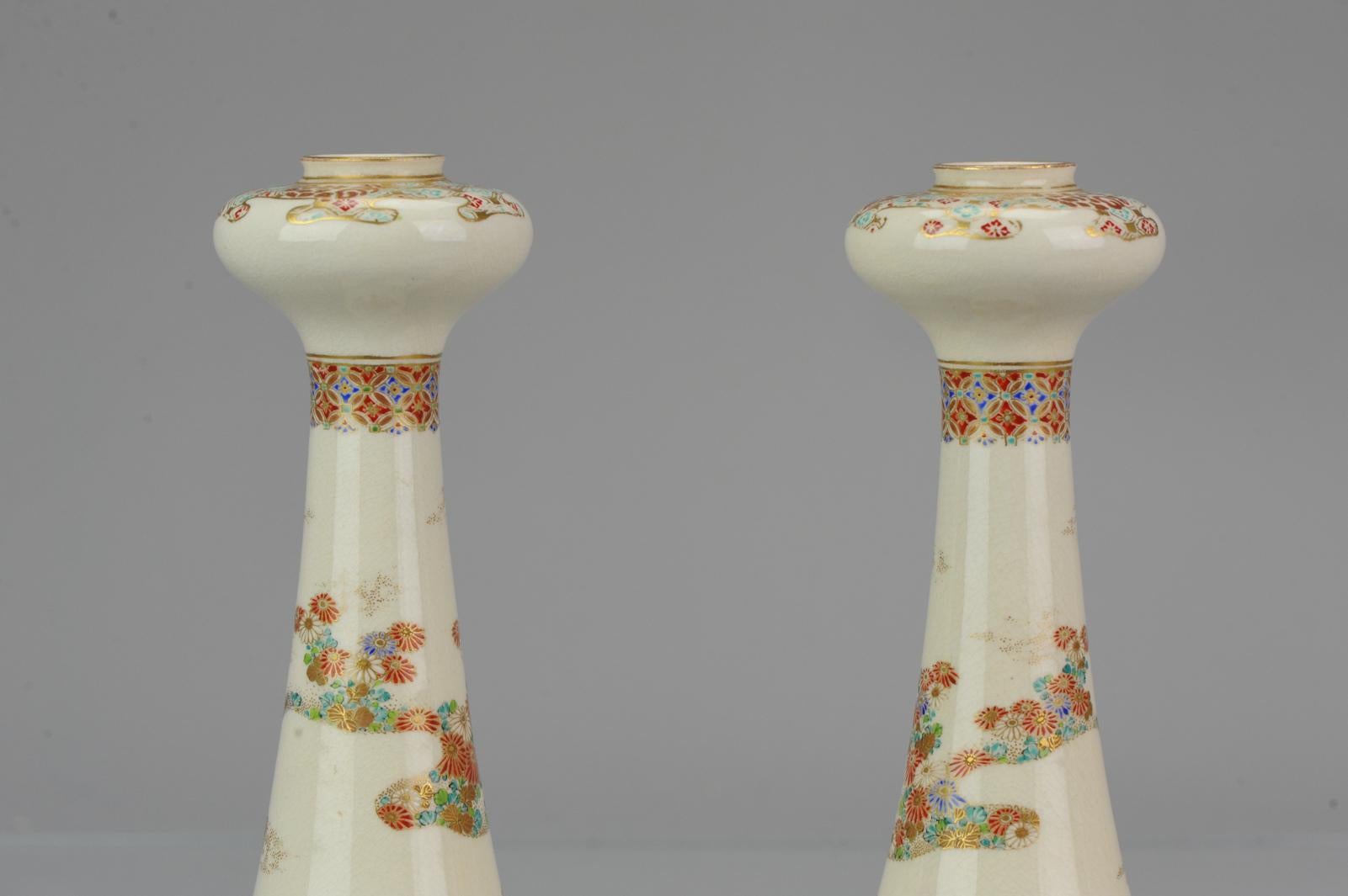Antique ca 1900 Japanese Satsuma Obiyama Candle Holders Richly Decorated Marked For Sale 2