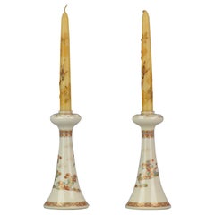 Antique ca 1900 Japanese Satsuma Obiyama Candle Holders Richly Decorated Marked