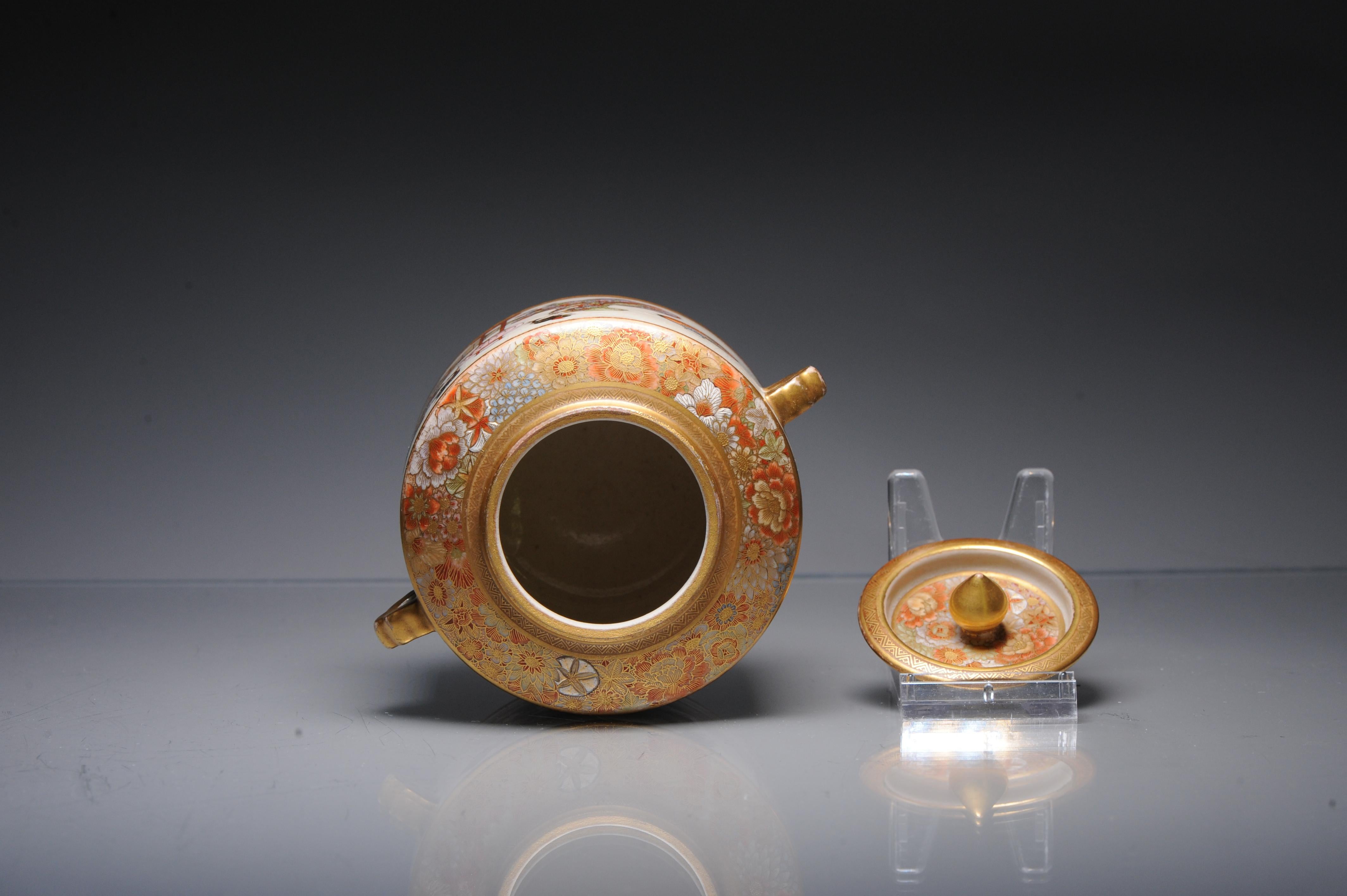 Antique ca 1900 Japanese Satsuma Ryozan Jar Richly Decorated Marked 7