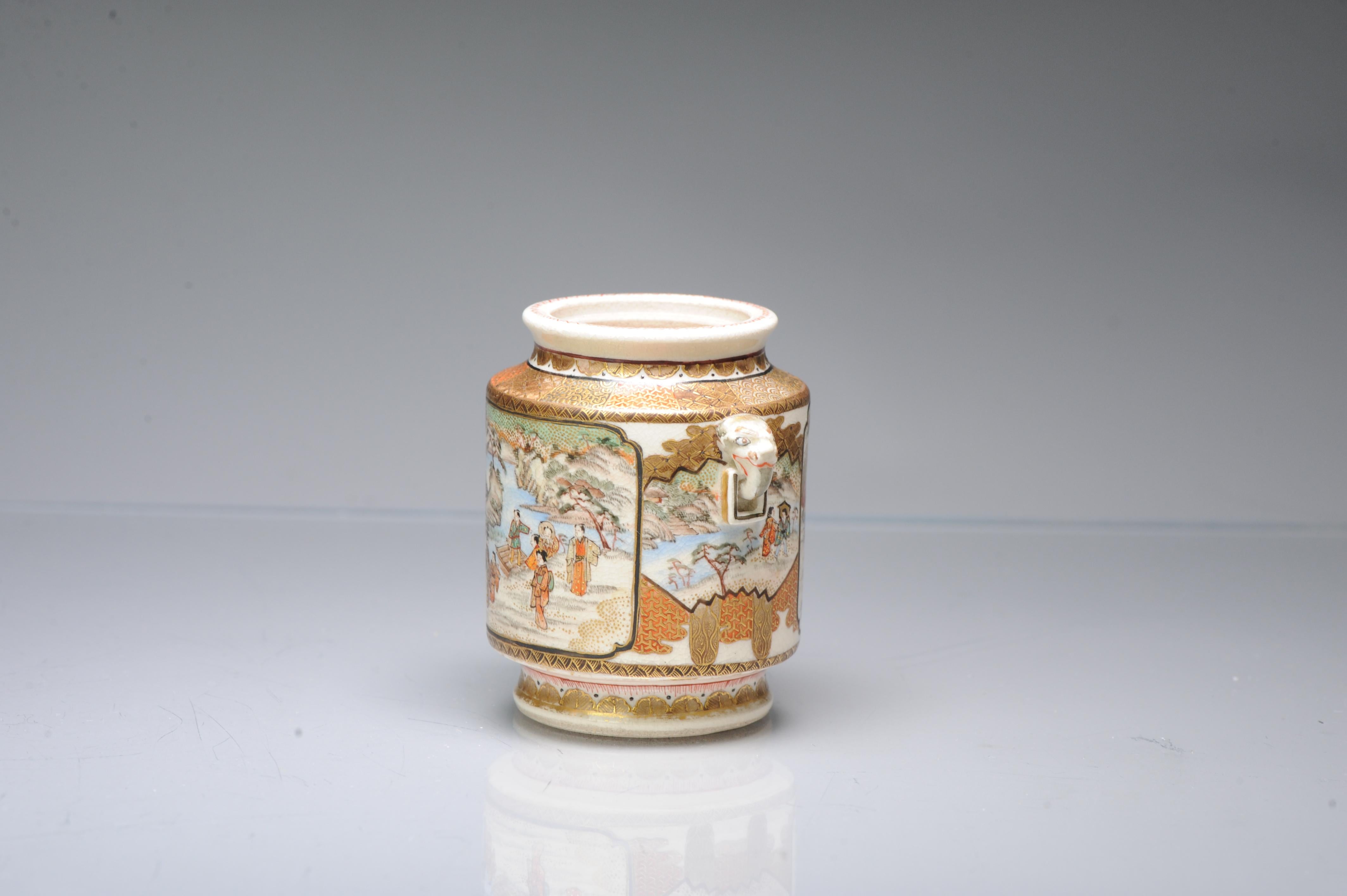 Description

Sharing with you is this nice satsuma jar decorated with figures beside a river and working on the land. Elephant handles.

Lid seems missing.

Condition

Overall Condition Perfect. Size 75mm high

Period

Meiji Periode