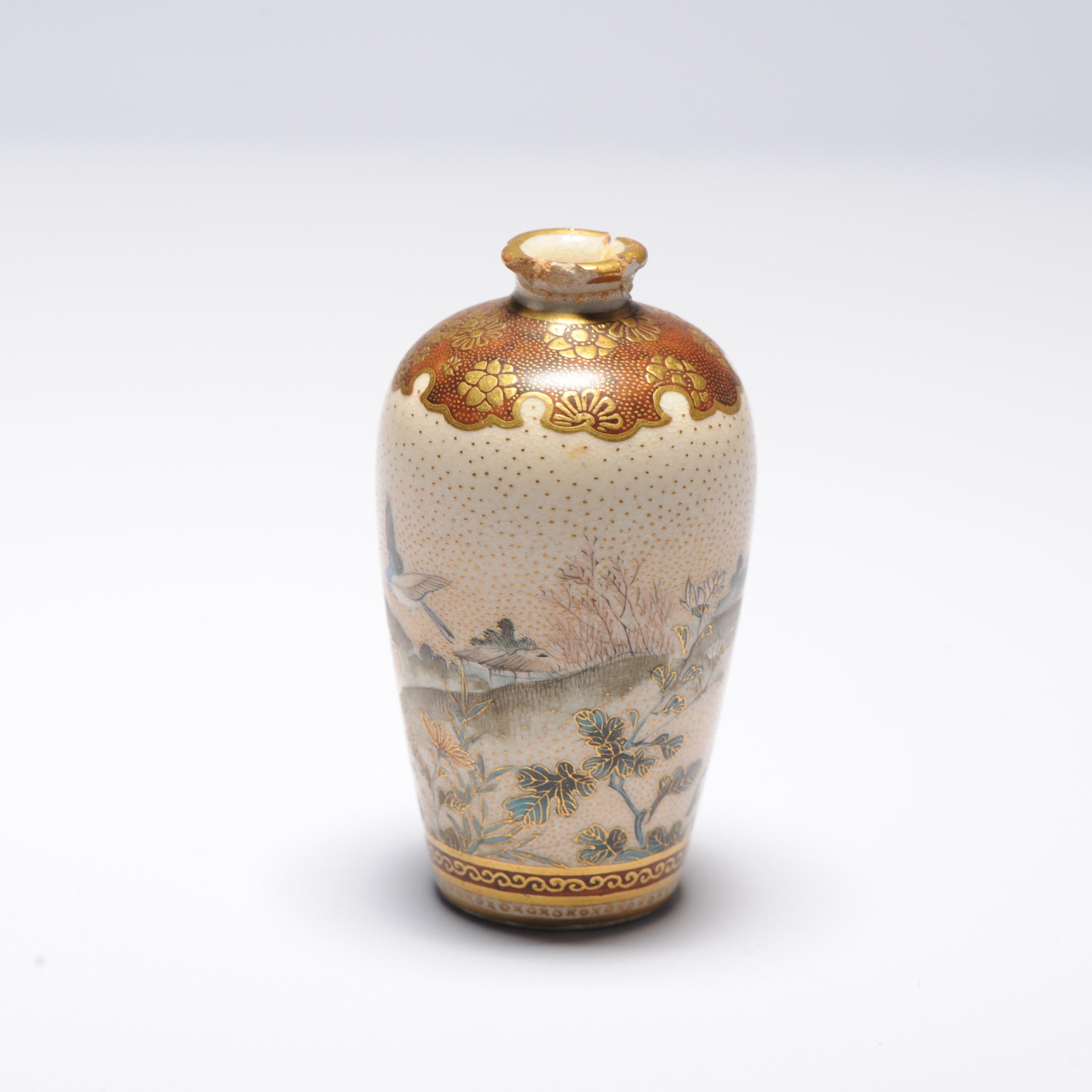 Description

Sharing with you is this nice satsuma miniature vase decorated with birds in an mountainous landscape scene.

Condition

Overall Condition missing chips and restuck chip to rim. Size 63mm high

Period

Meiji Periode