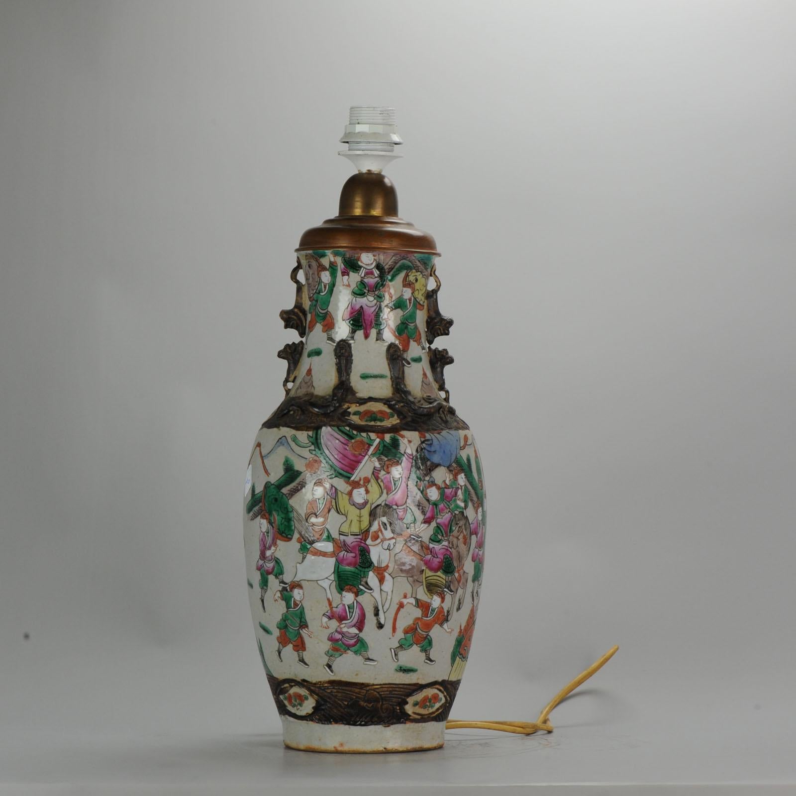 Porcelain Antique, circa 1900 Nanking Warrior Vase China Chinese Republic Lamp For Sale