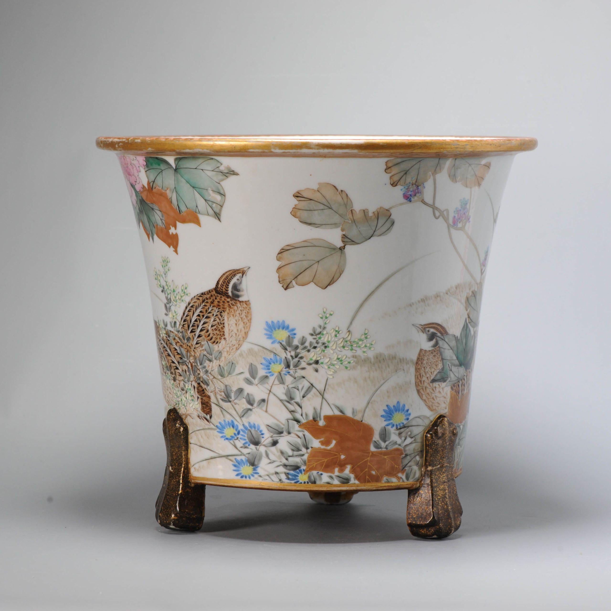 Qing Antique circa 1900 Period Japanese Porcelain Jardiniere Japan Quails Flowers For Sale
