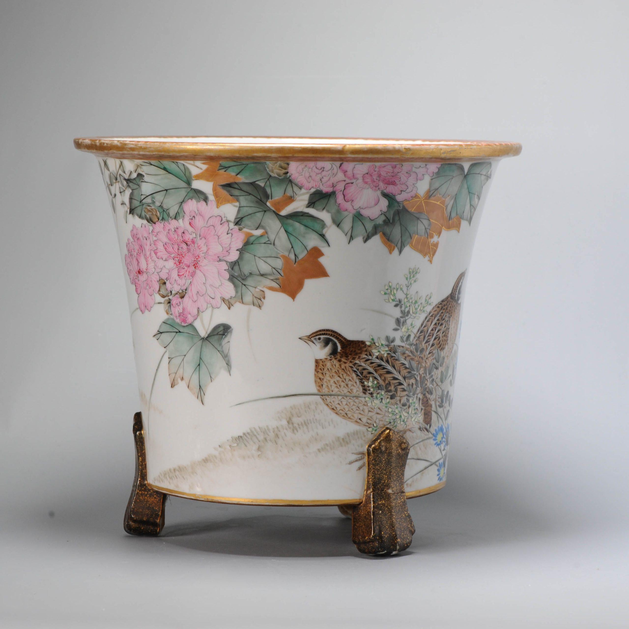 Antique circa 1900 Period Japanese Porcelain Jardiniere Japan Quails Flowers For Sale 1