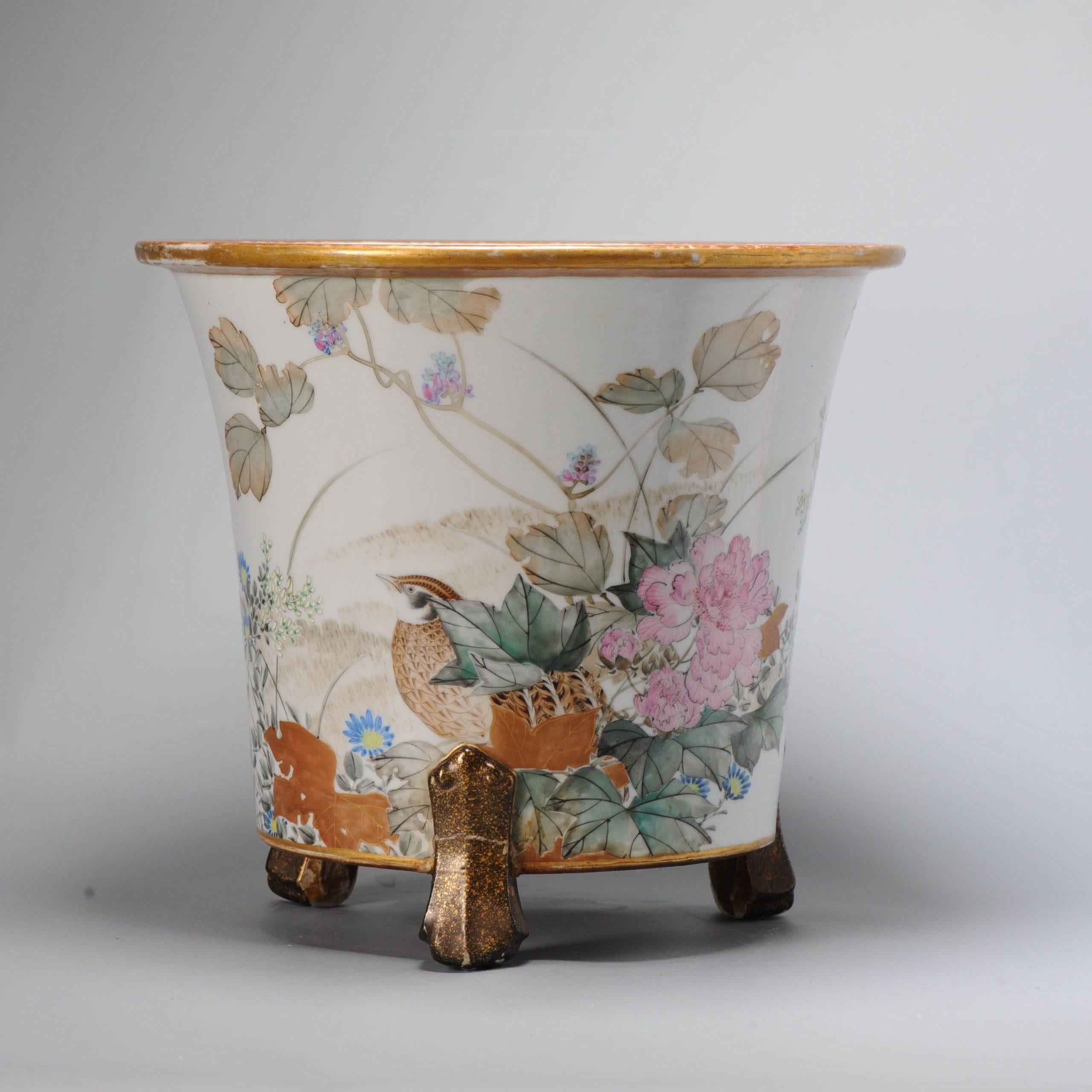 Antique circa 1900 Period Japanese Porcelain Jardiniere Japan Quails Flowers For Sale 2