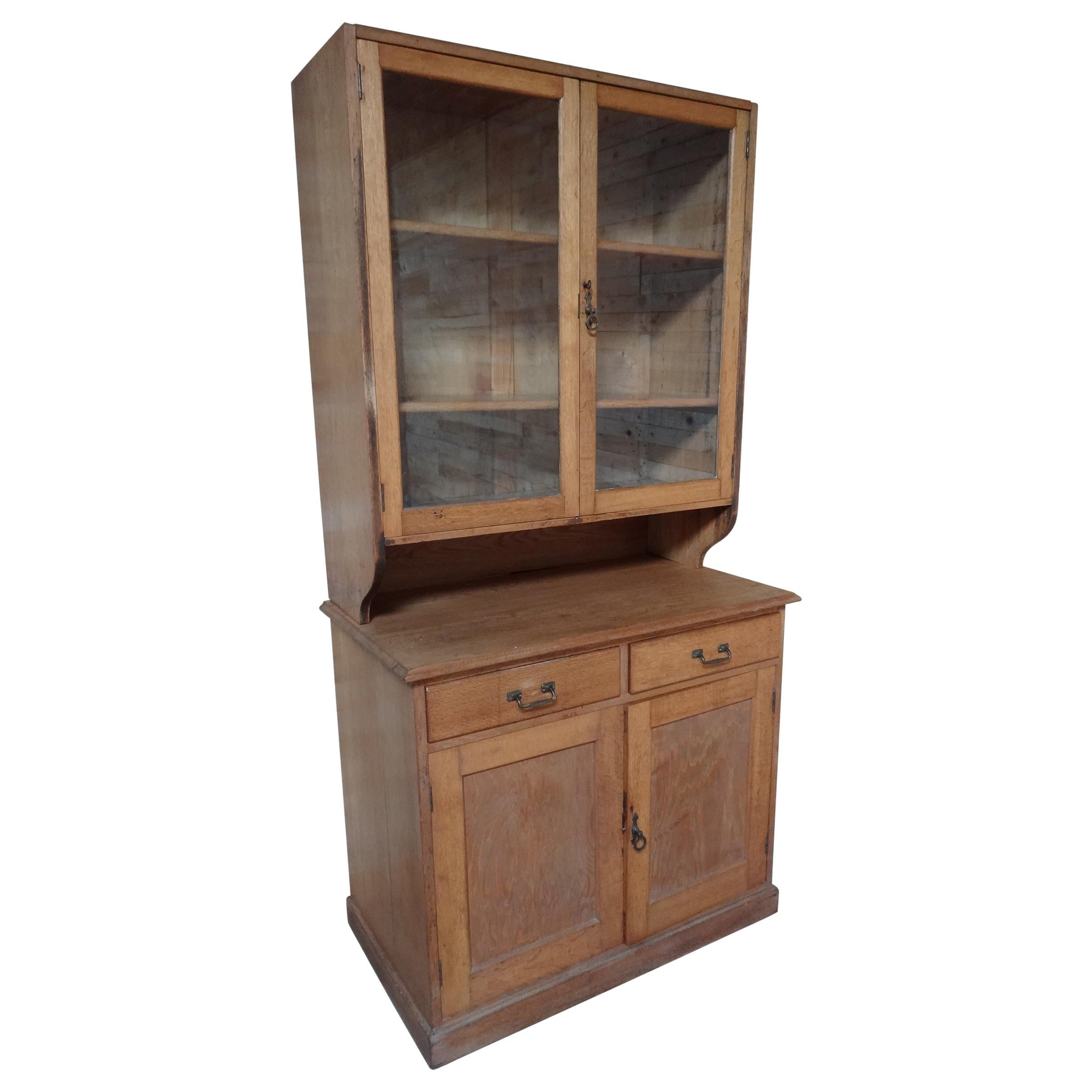 Antique Ca 1900 Solid Light Oak English Kitchen Cabinet