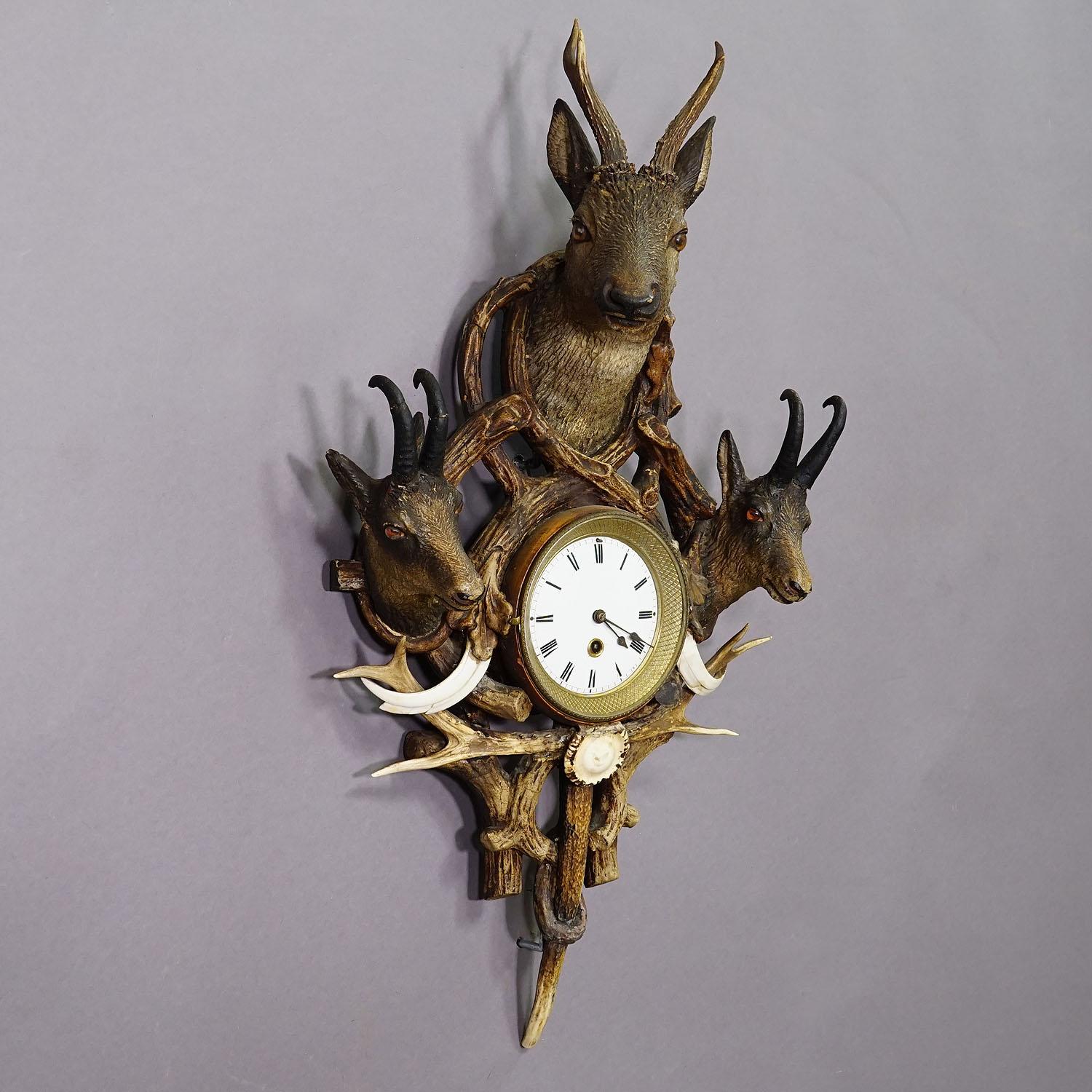Wood Antique Cabin Antler Wall Clock with Deer and Chamois Austria ca. 1900 For Sale