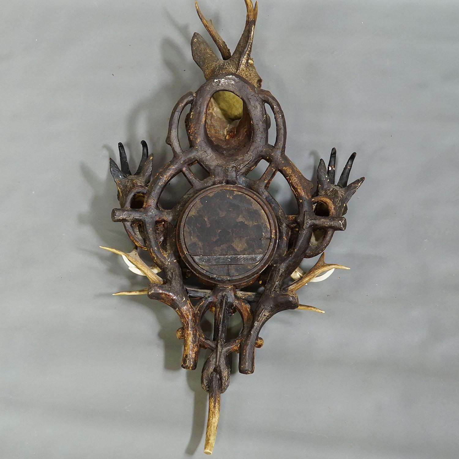 Antique Cabin Antler Wall Clock with Deer and Chamois Austria ca. 1900 For Sale 1