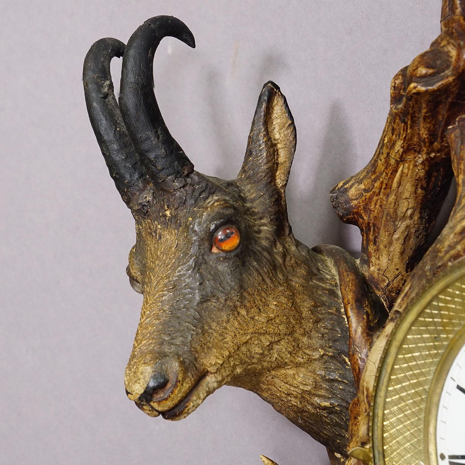 Carved Antique Cabin Antler Wall Clock with Deer and Chamois Austria ca. 1900 For Sale