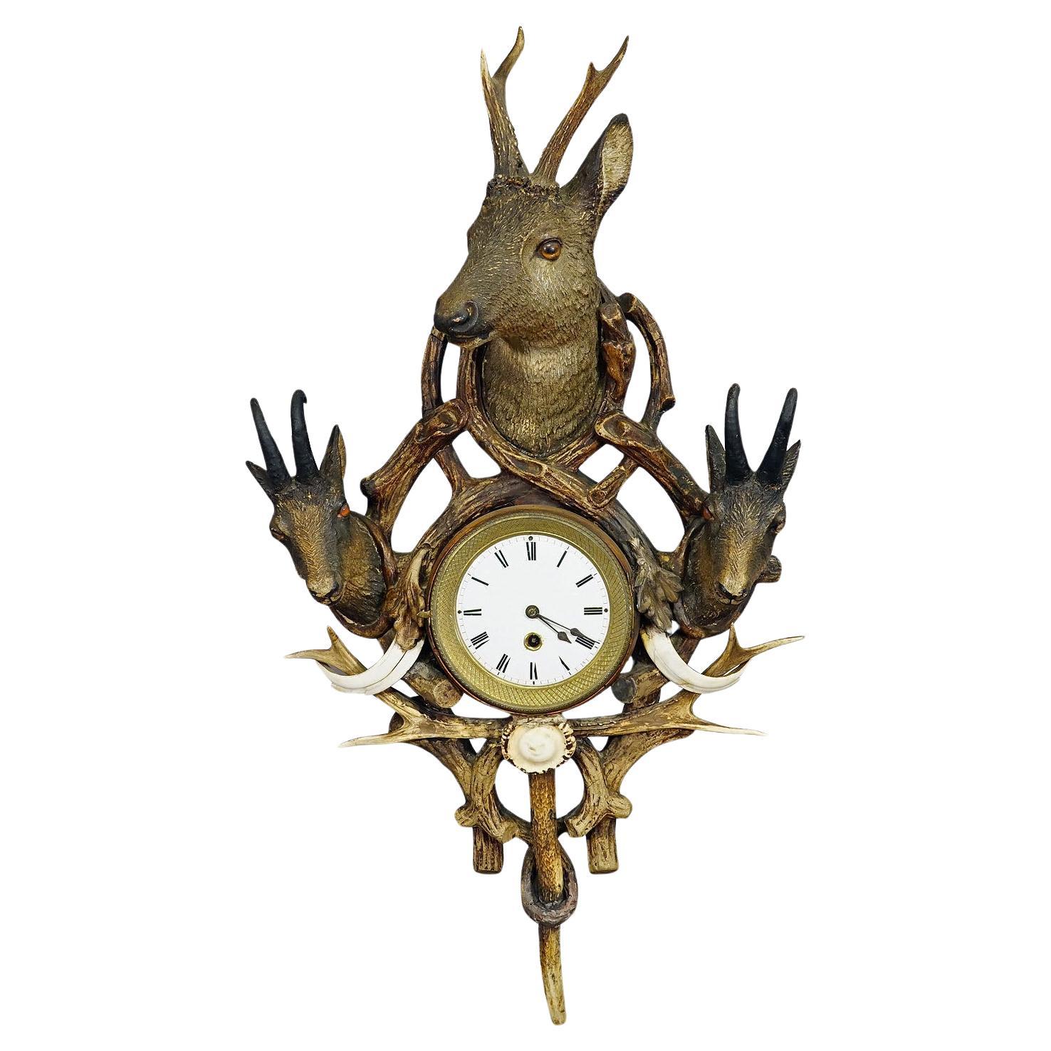 Antique Cabin Antler Wall Clock with Deer and Chamois Austria ca. 1900 For Sale